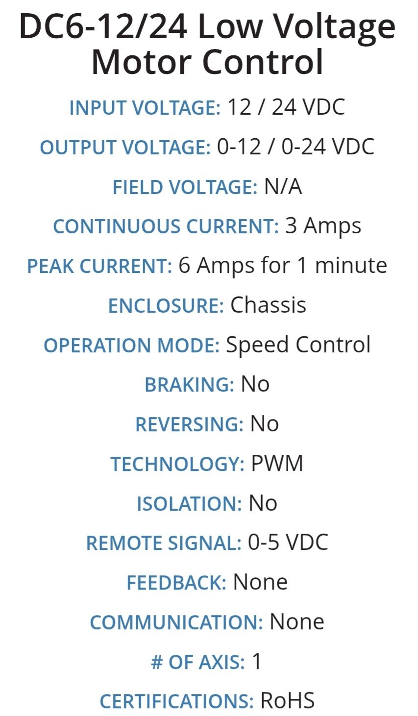 Minarik Drives DC6-12/24-1Q Motor Controller, 12/24VDC Input, 12/24VDC Out