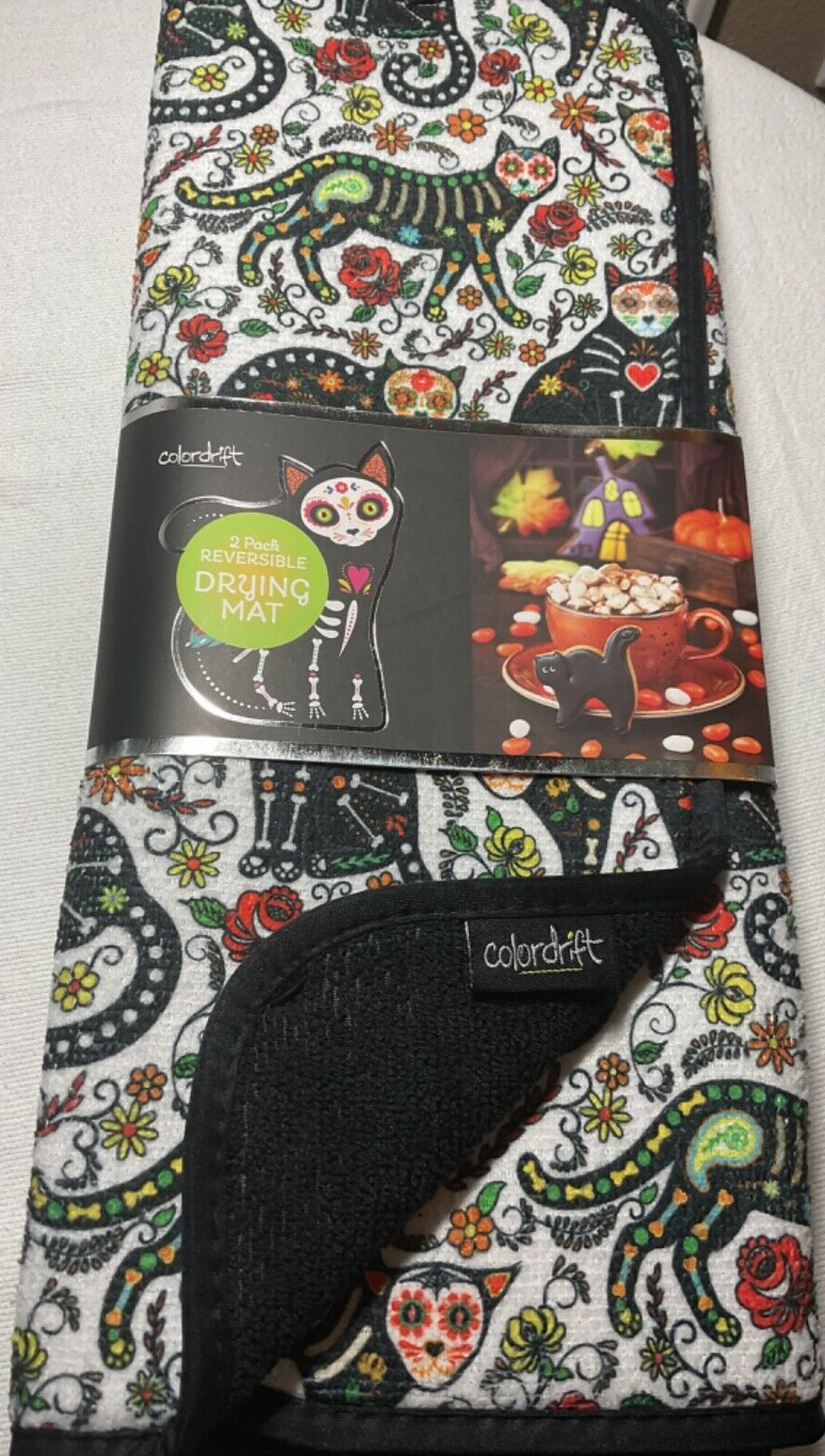 COLORDRIFT REVERSIBLE DRYING MATS (2) BLACK DAY OF DEAD 16 X 19 MICROFIBER NIP