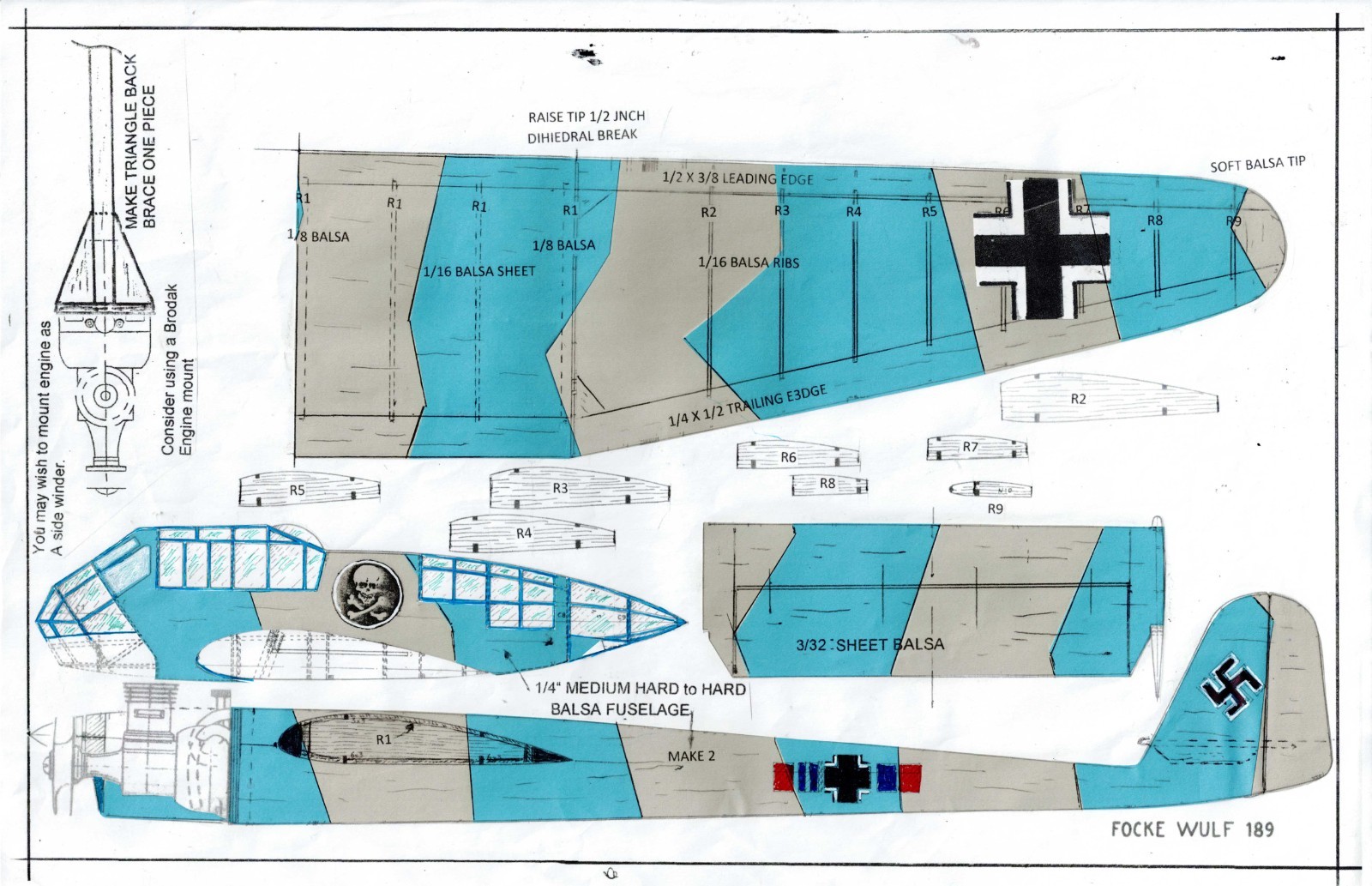 1/2 A profile WW II  German Focke Wulfe 189 twin engine  U-Control plans