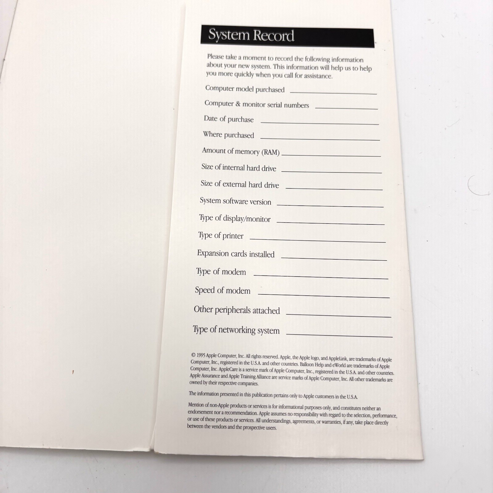 Apple Computer Customer Services Guide Registration Card 1994