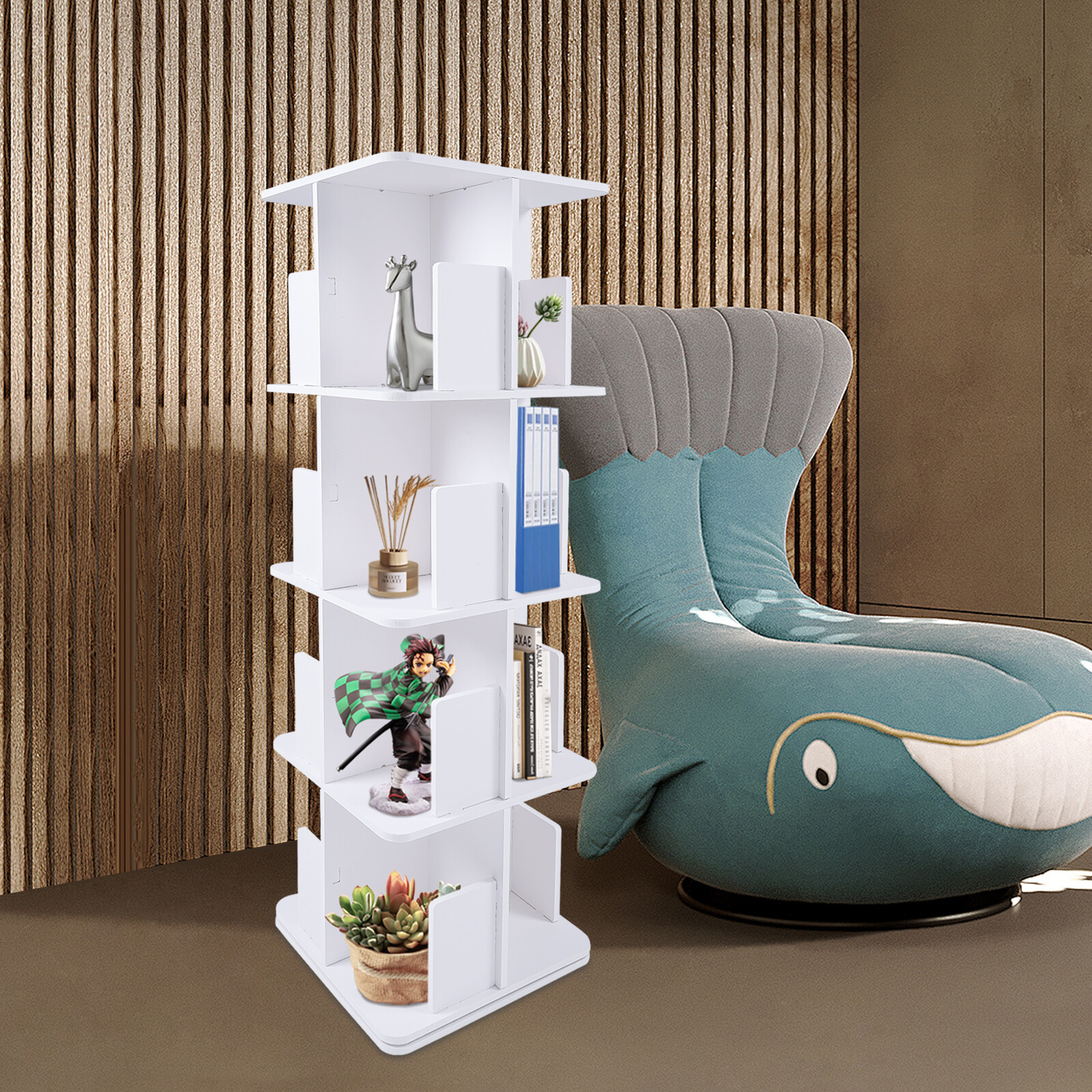 4-Tier Bookcase Storage Shelf Bookshelf Freestanding Display Rack 360° Rotating