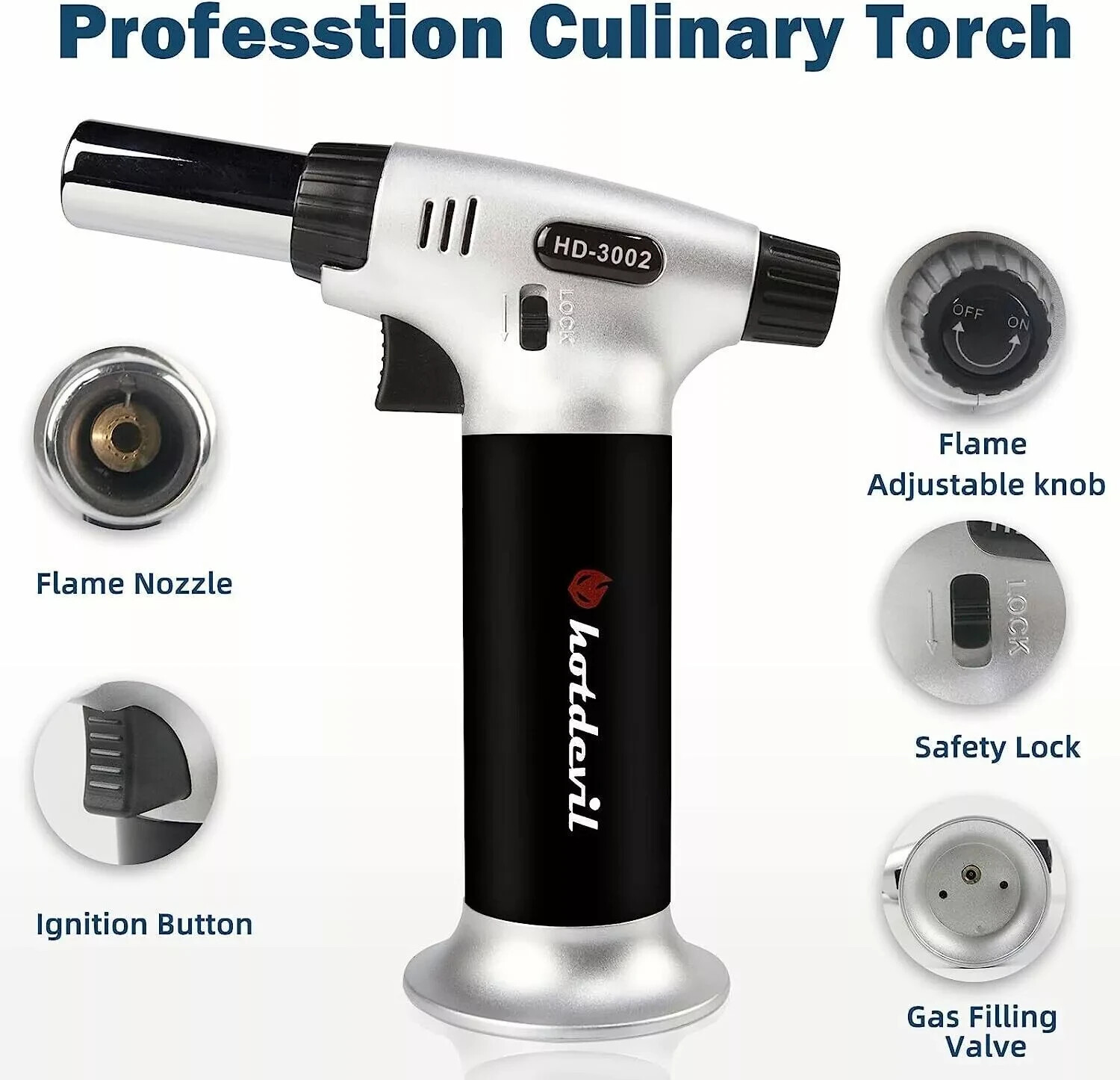 Hotdevil Butane Adjustable Flame Torch 9g Refillable Tank Cooking Lighter Blow