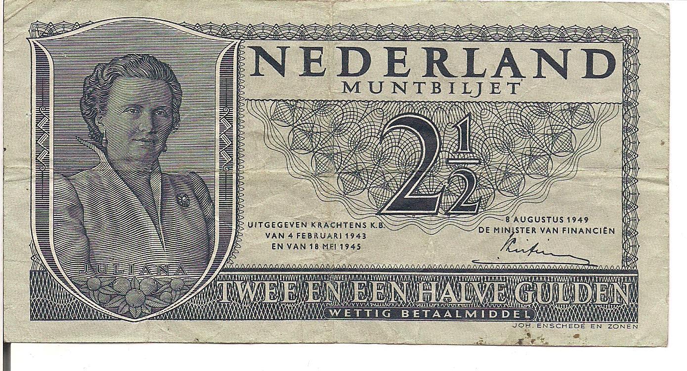 NETHERLANDS, 2 1/2 GULDEN, 1949