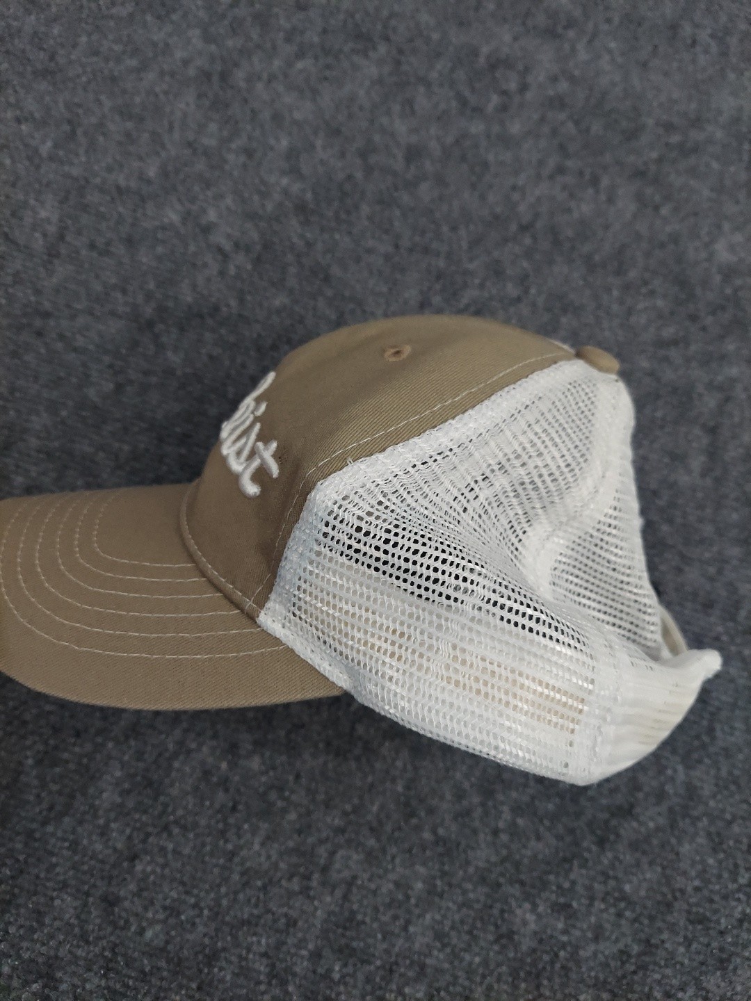 Titleist FJ Golf Hat Cap Strap Back Brown White Mesh Trucker Script Embroidery