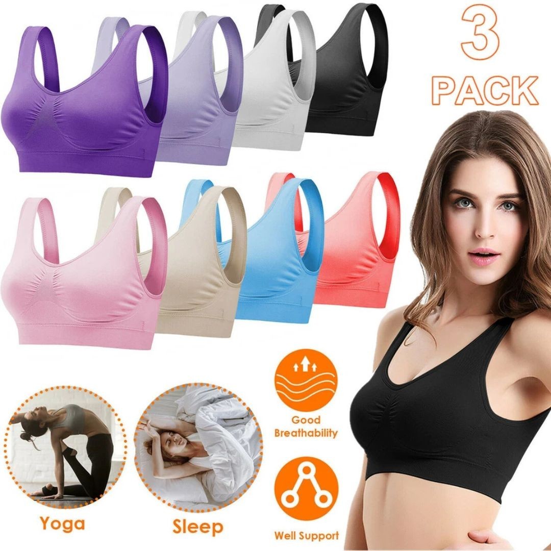 Seamless Sports Bra 3 Pack Wire Free Light Support Yoga Sleep Comfort Tank