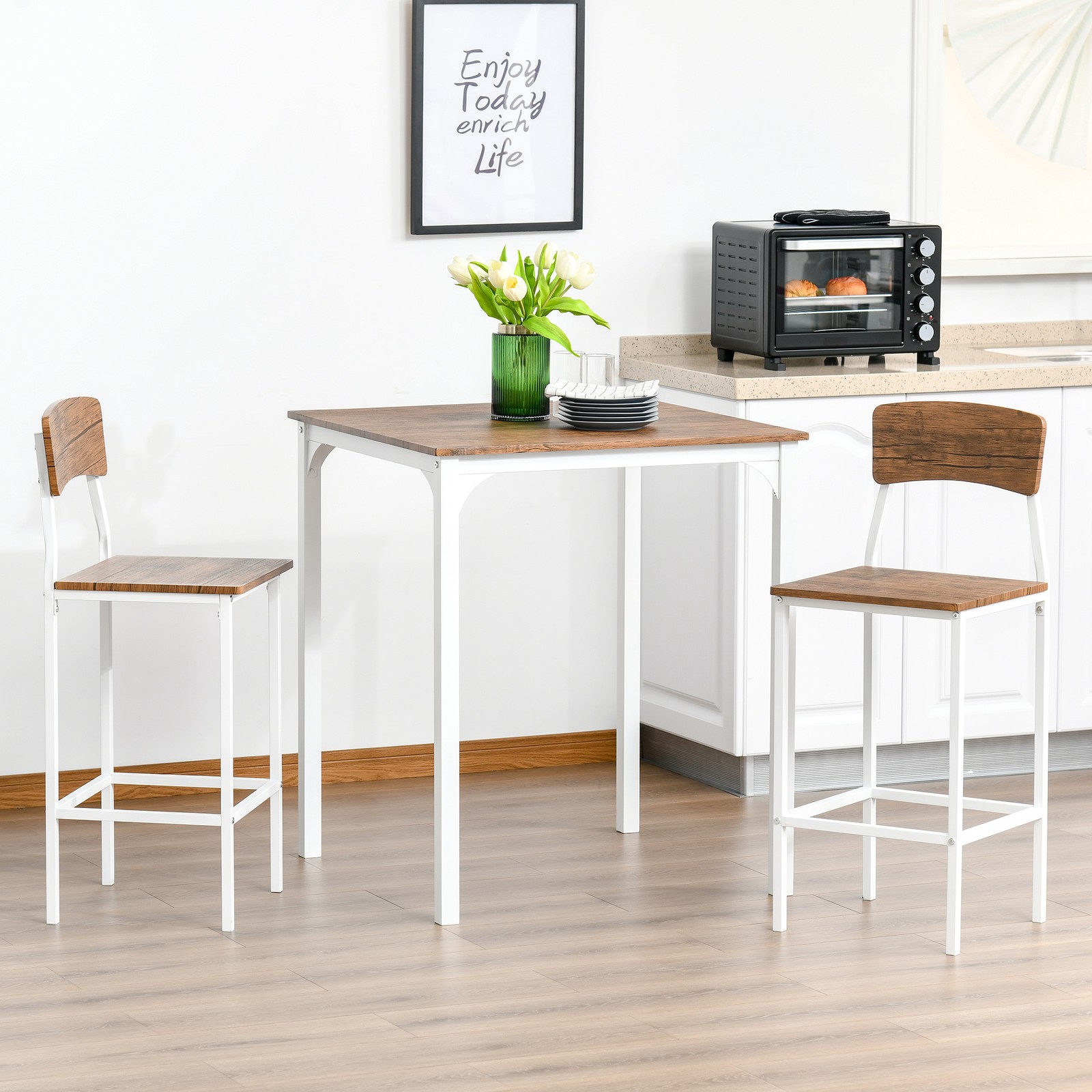 3 Piece Bar Table and Chairs Set for 2 with Steel Frame Walnut White