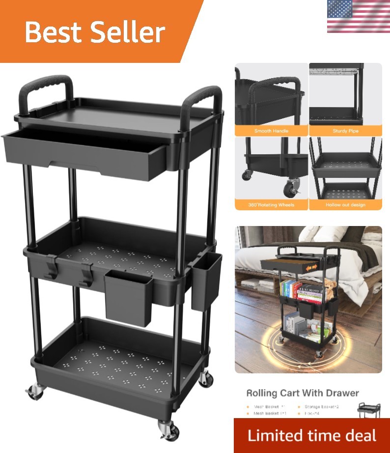 3 Tier Rolling Utility Cart with Drawer, Utility Cart Made of Multifunctional...