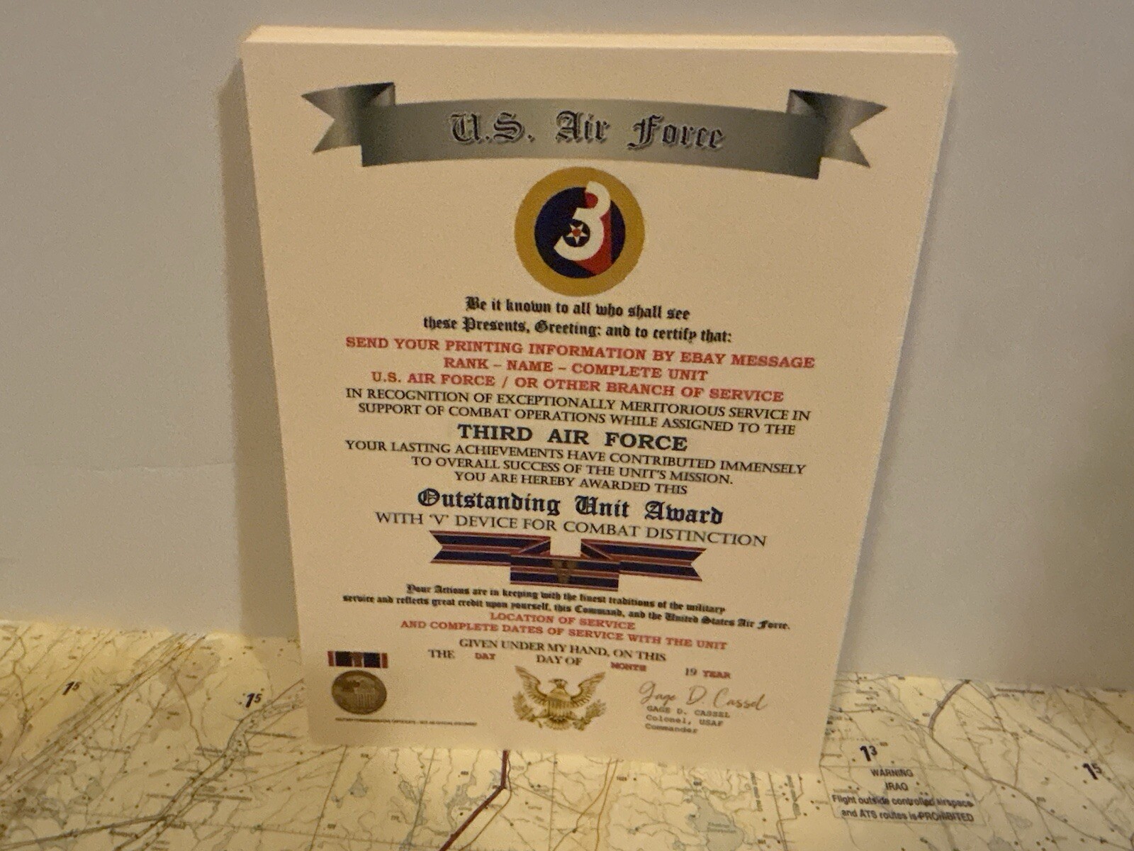 U.S. AIR FORCE / 3RD AIR FORCE - OUTSTANDING UNIT AWARD W/V DEVICE CERTIFICATE
