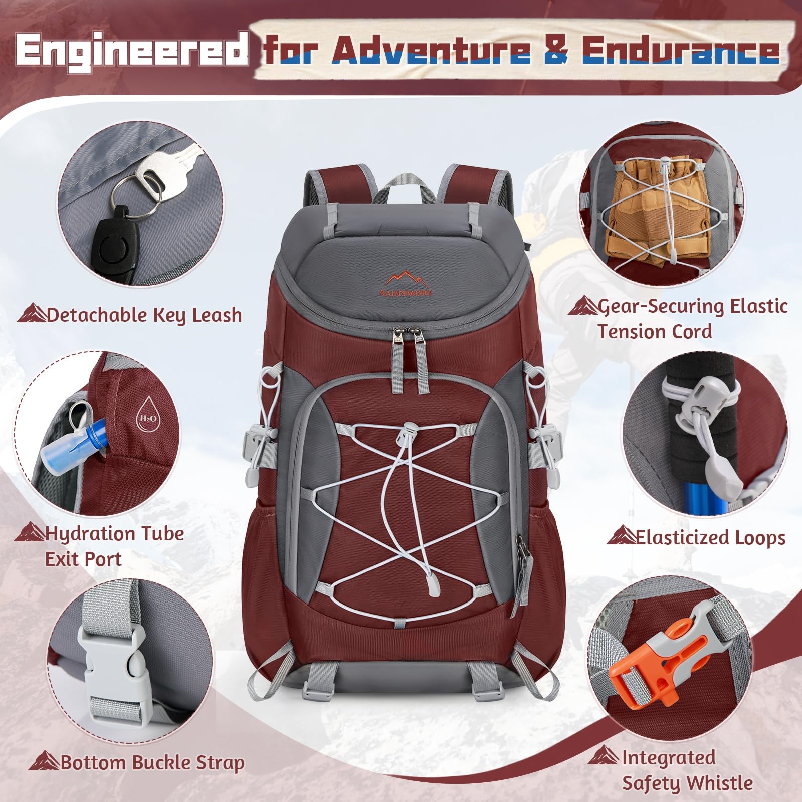 Foldable Hiking Backpack 40L Packable Camping Waterproof Daypack Red Bag