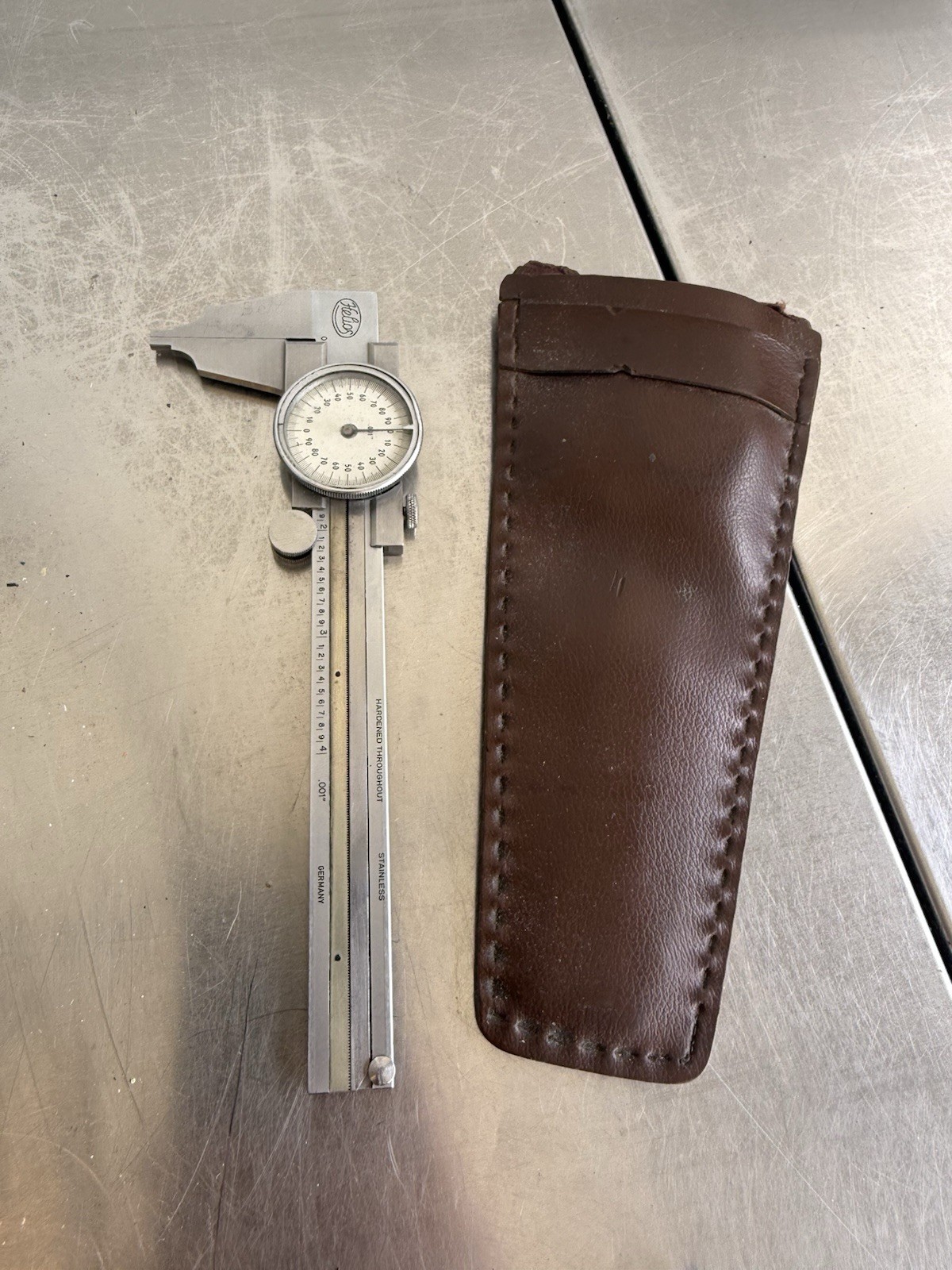 VINTAGE HELIOS DIAL CALIPER W/SHEATH, .001" HARDENED STAINLESS, MADE IN GERMANY