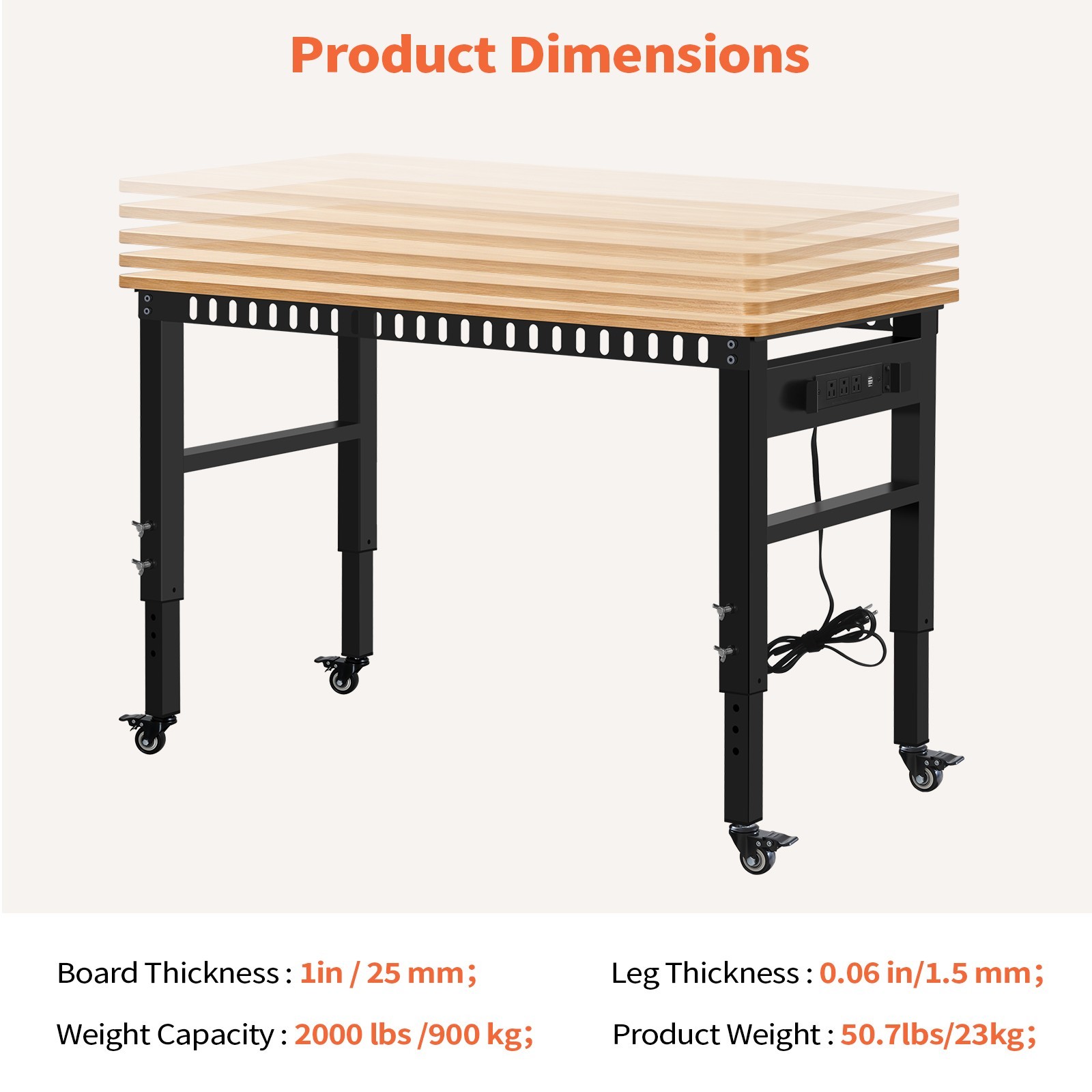 Height Adjustable Workbench 48"x 24" Large Capacity Heavy-Duty Power Outlets