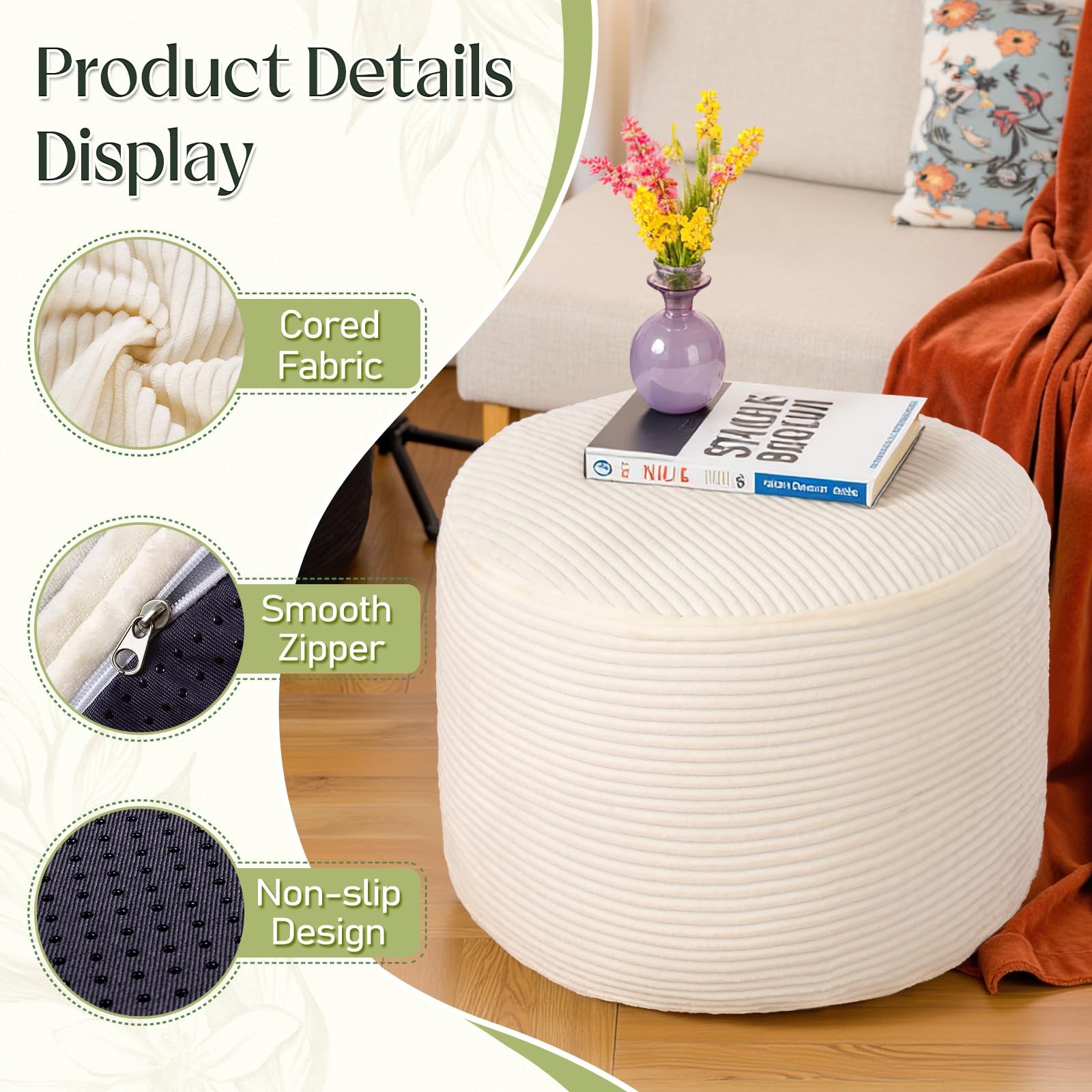 Round Corduroy Ottoman Foot Rest Pouf for Living Room Couch - Soft Plush Shre...