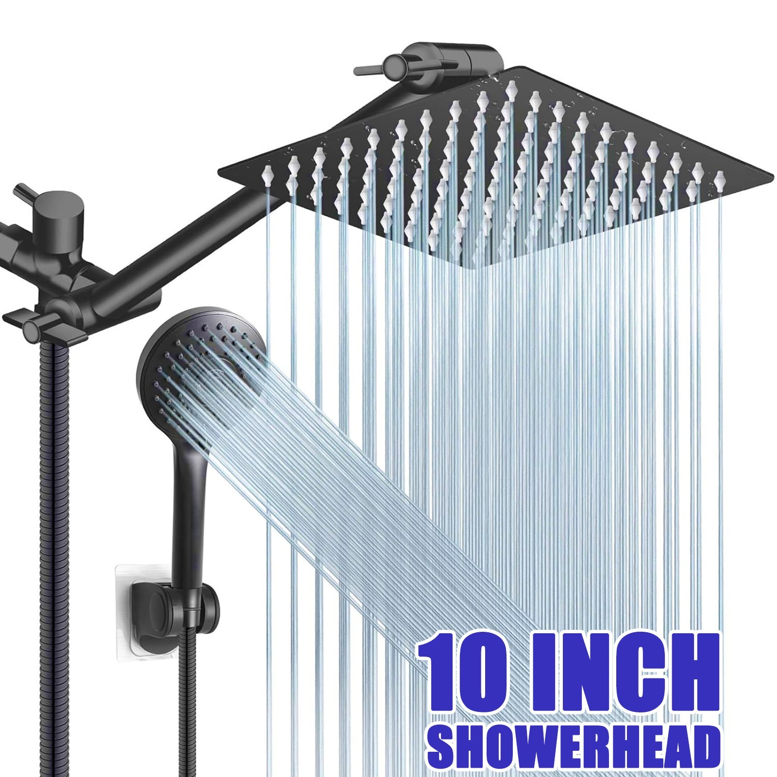 Black 10inch Rain Shower Head with Hand Spray Combo High Pressure Adjustable Arm