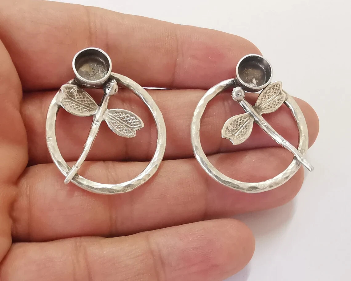Dragonfly earring blank base settings silver resin cabochon inlay blank mounting