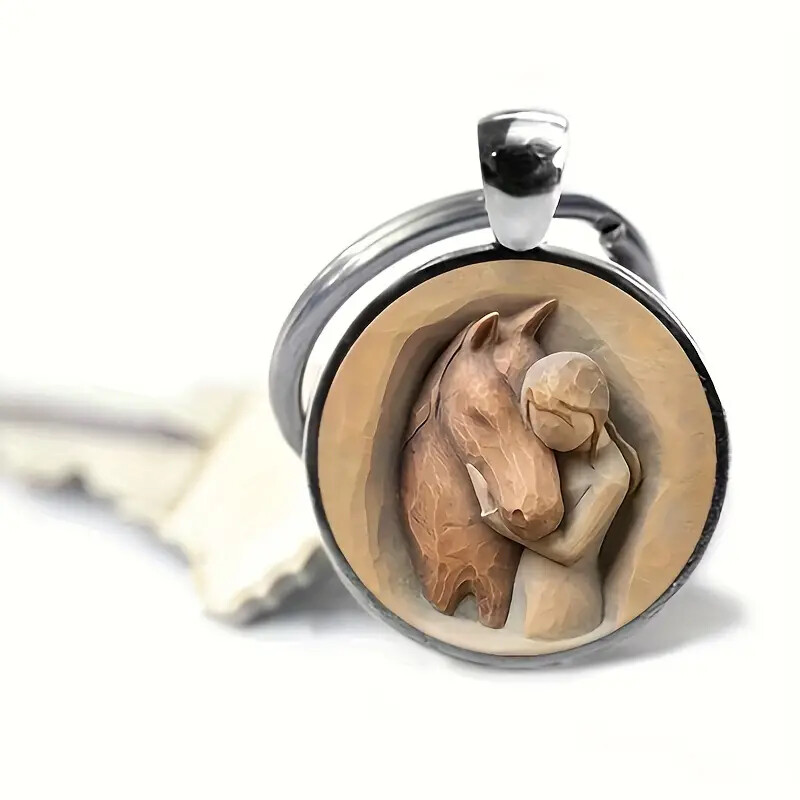 Horse Art Glass Keyring For Horse Enthusiast, Fashionable Glass Keyring