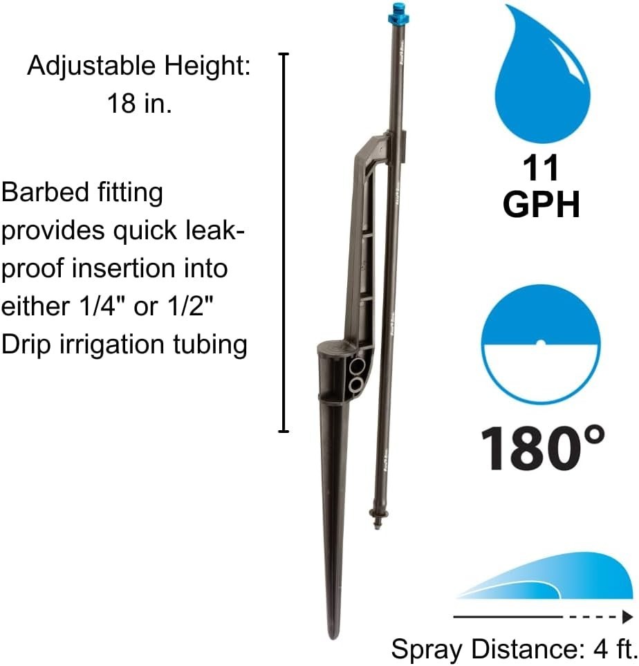 Efficient Drip Irrigation Fan Spray on Adjustable Riser Stake, 180° Pattern