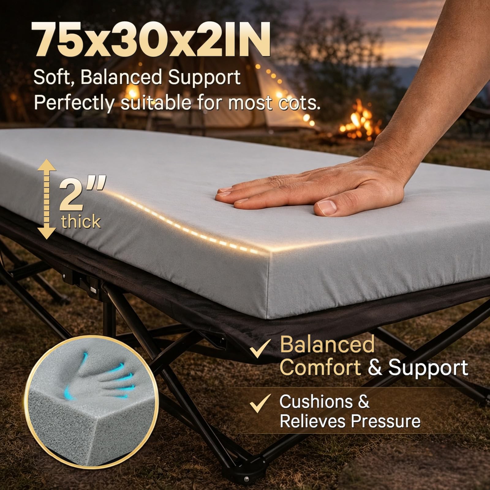 CYMULA Camping Cot Pad 2 Inch Memory Foam, COT (75*30*2), Grey