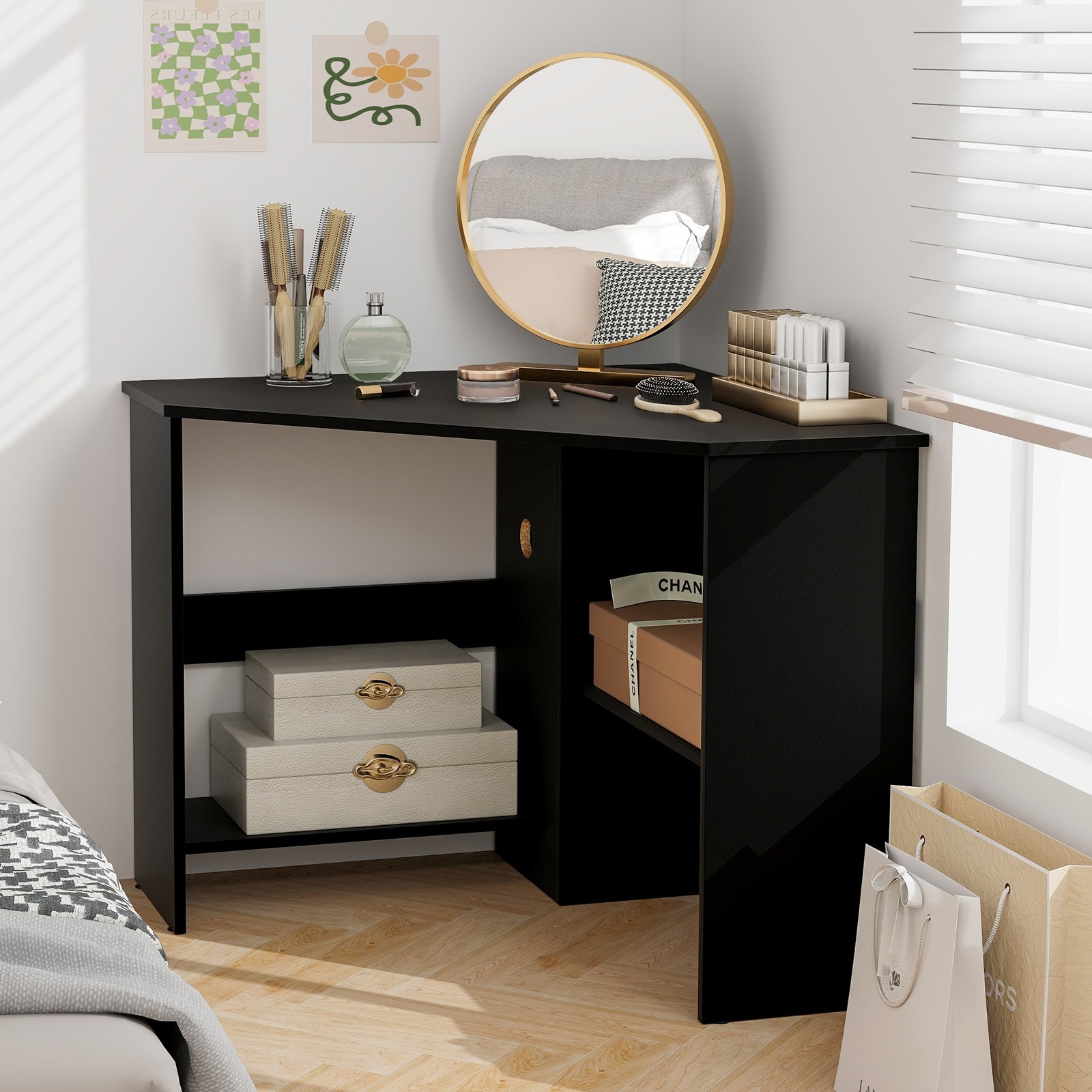 Triangle Writing Workstation Corner Computer Desk w/ Storage Shelf Black