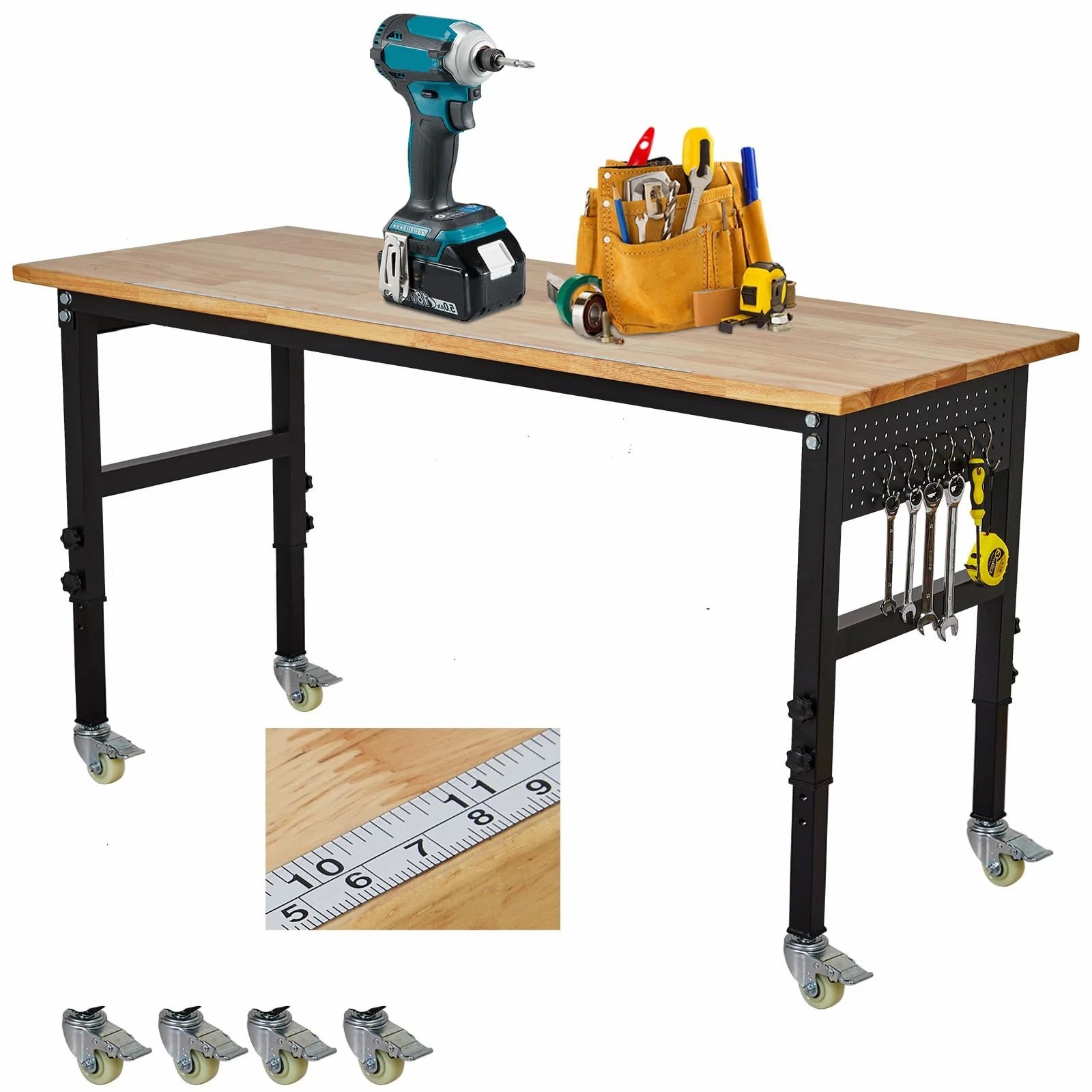 48" Adjustable Workbench Rubber Wood Top Wheels Pegboard 29"-39.4" Height Black