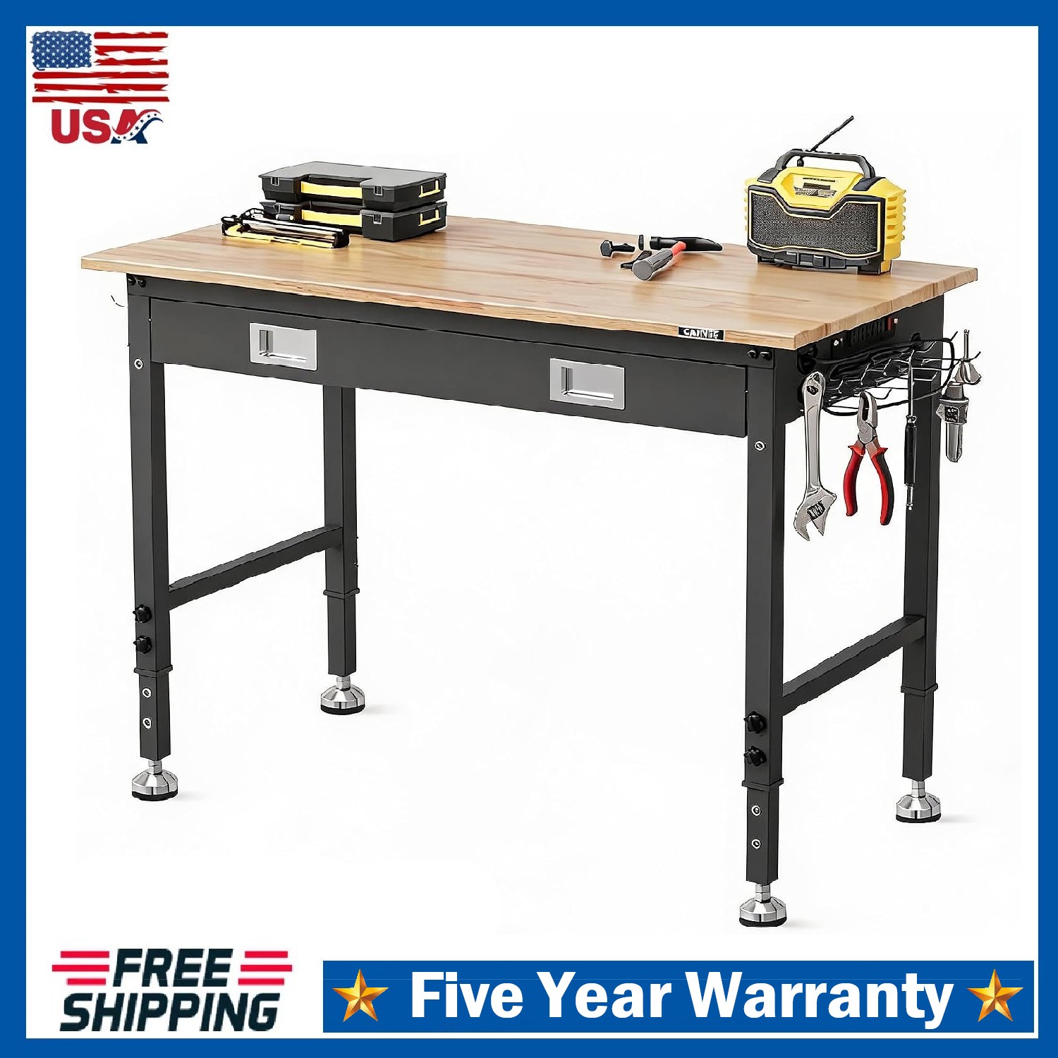 48" Workbench Adjustable Height Work Table 2000LBS Load Rubber Wood Top & Drawer
