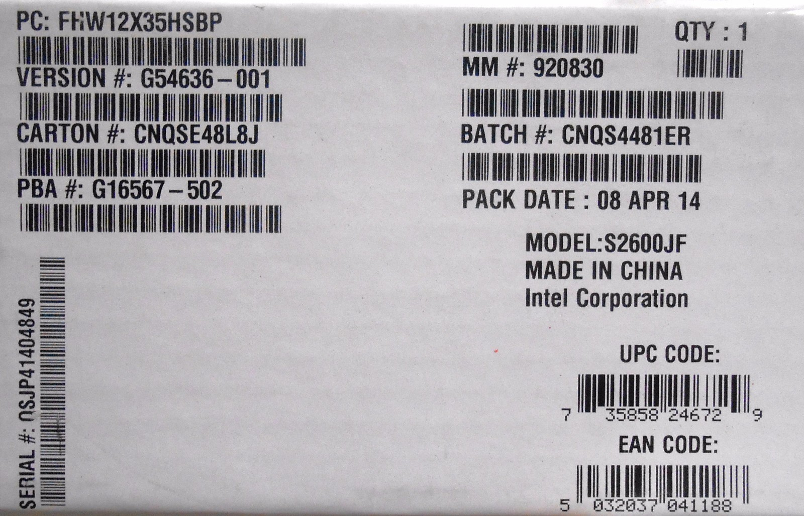 Intel FHW12X35HSBP 3.5" backplane for H2000 Chassis New Bulk Packaging