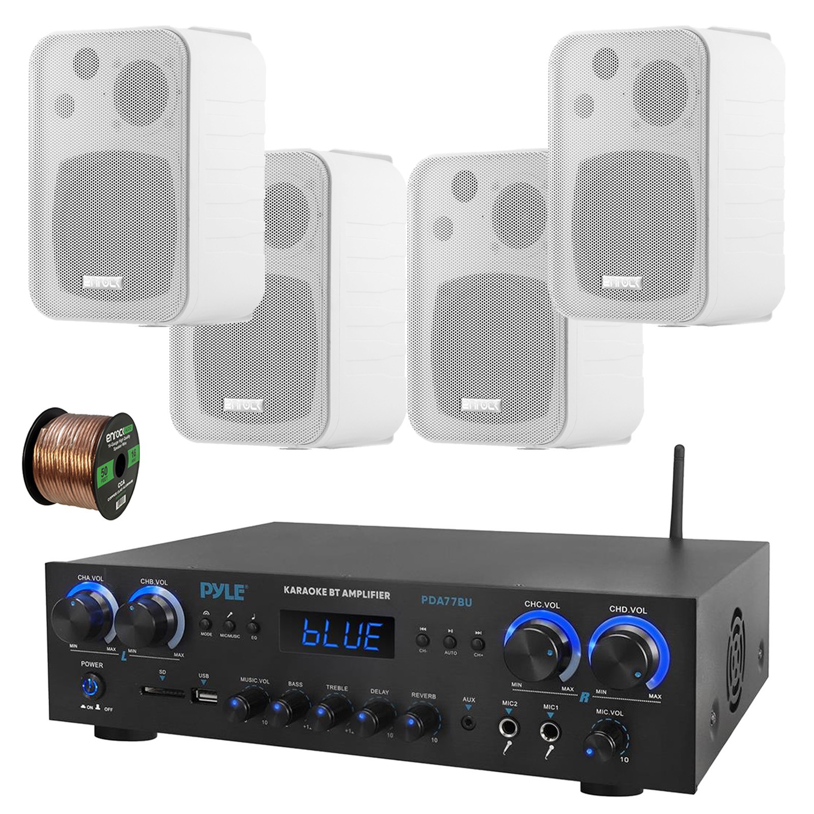 Pyle PDA77BU 4-Channel Home Audio Bluetooth Receiver, 4x 4" White Speaker, Wire