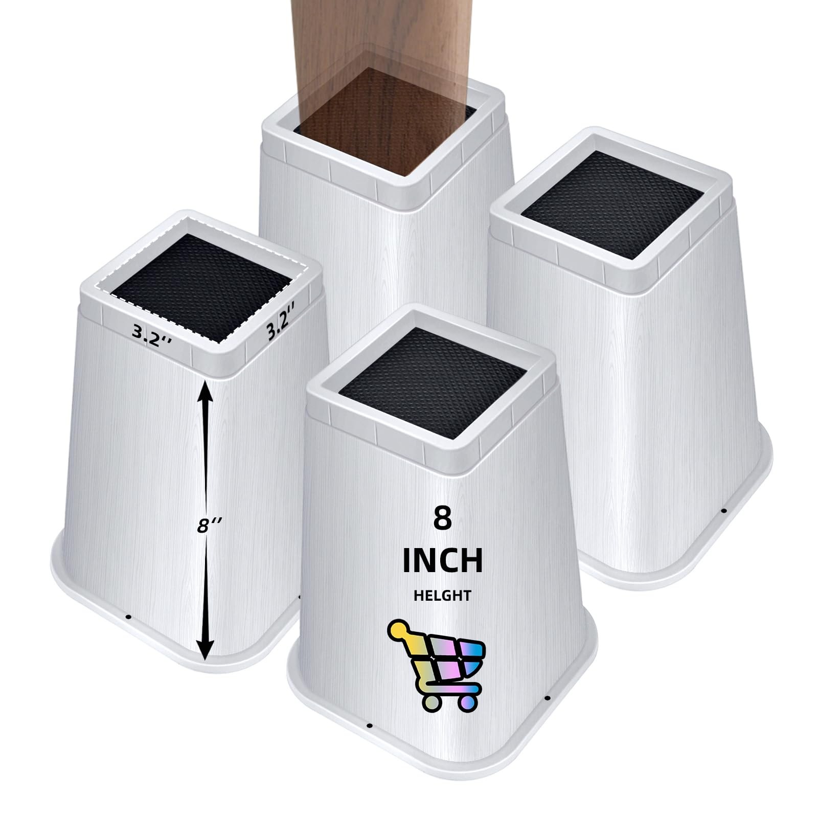 4 PCS 8 Inch Bed Risers White Heavy Duty NonSlip Furniture Lift Square