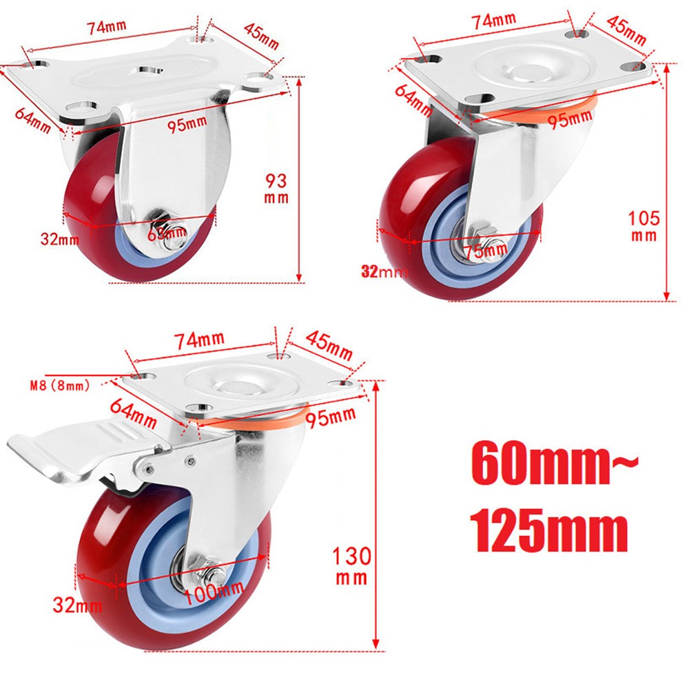 Heavy Duty 60-120mm 320KG-480KG Swivel Castor Wheels Trolley Furniture Caster