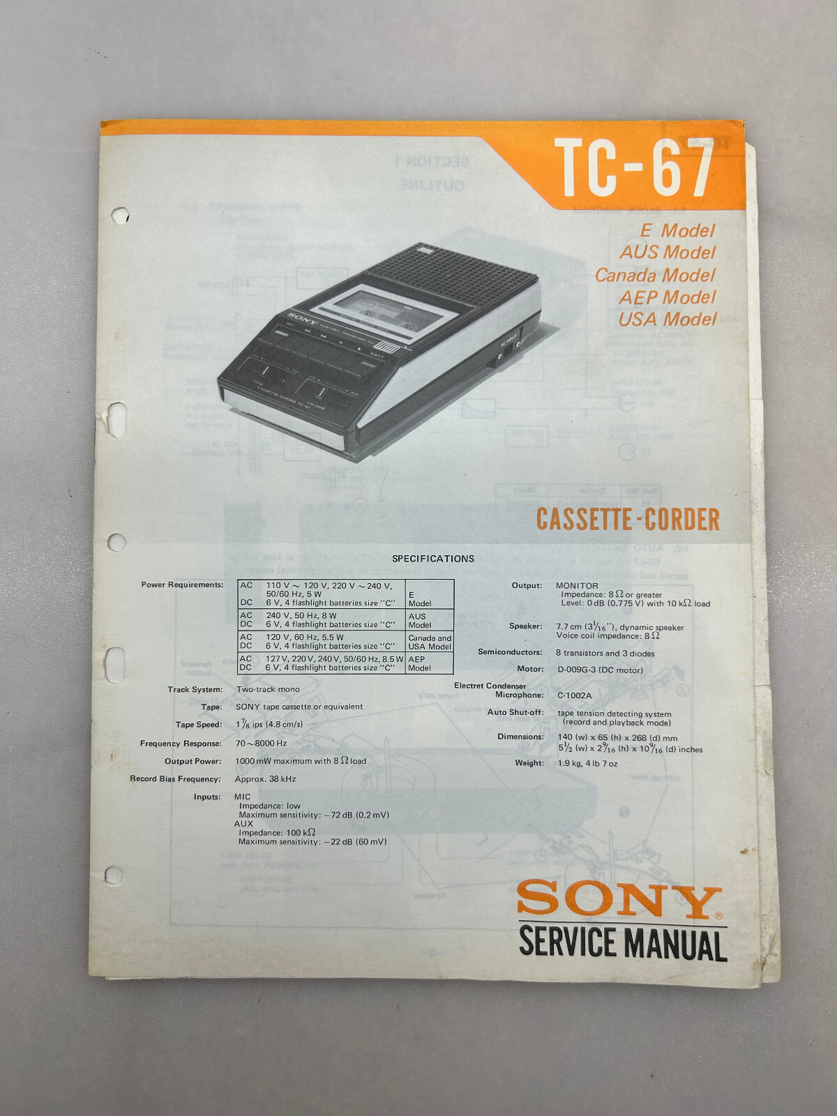 Sony TC-67 Original Service Manual Free Shipping