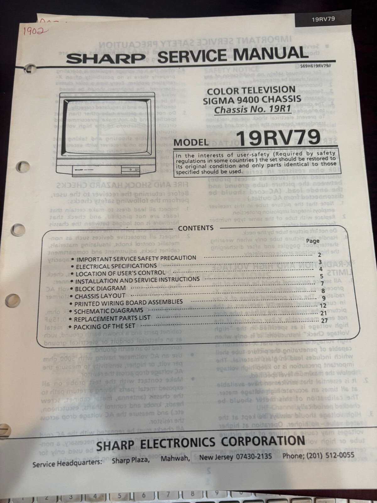 ORIG. SHARP 19RV79 TV Repair & Service Manual *ORIGINAL*