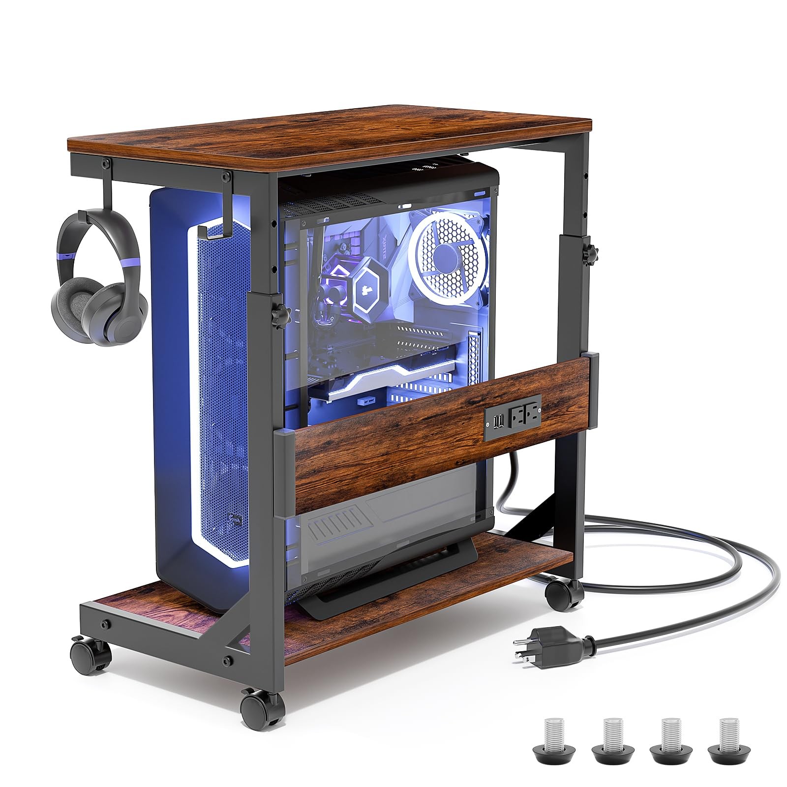 Height Adjustable Computer Tower Stand with USB Charging and Locking Wheels