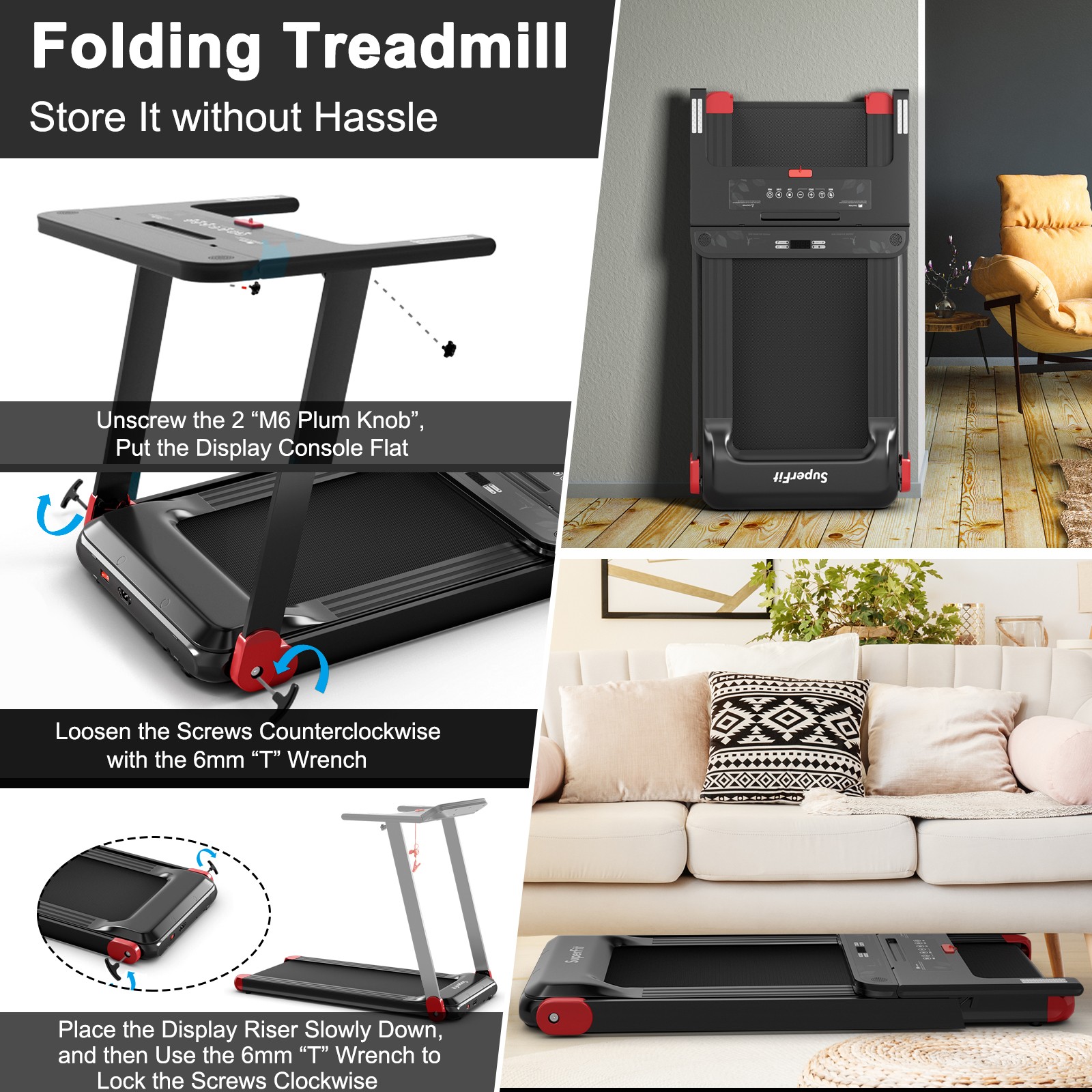 Electric Folding Treadmill Compact Walking Running Machine w/APP Control Speaker