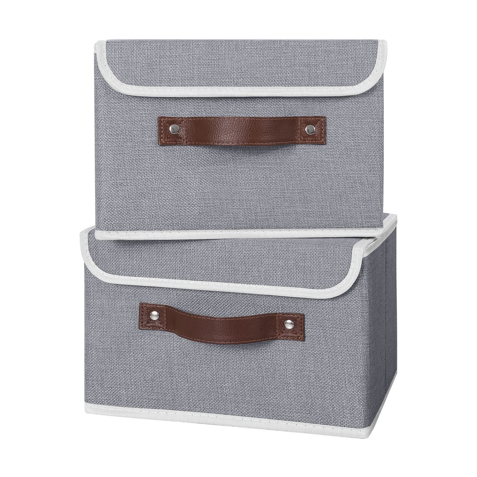 2PCS Storage Bins with Lid PU Leather Handles Small (Pack of 2), Gray