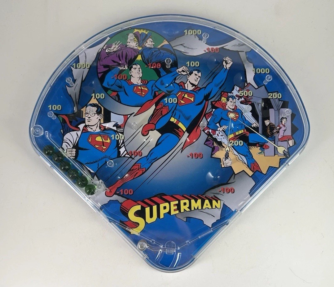 Schylling DC Comics Superman Classic Tin Tabletop Pinball Game w/ Glass Marbles