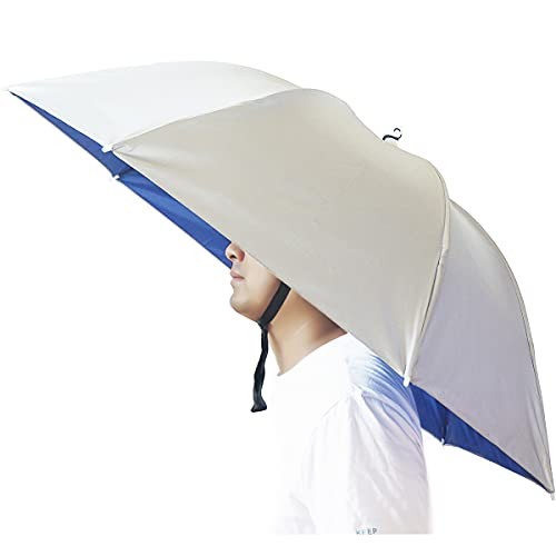 Umbrella Hat, 37 inch Fishing Umbrella Hat Hands Free Foldable UV Silver-Blue