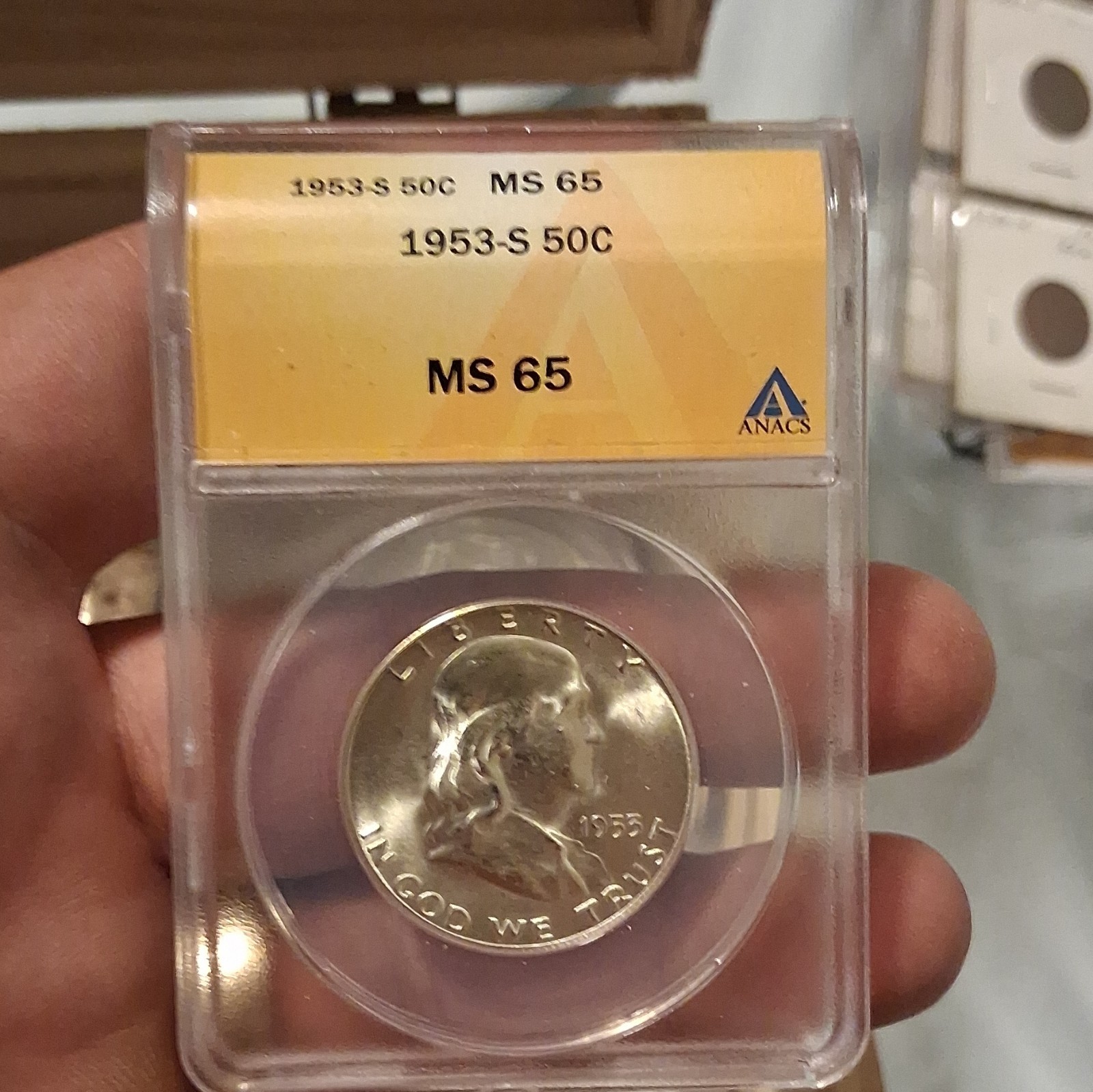 1953-S Franklin Half Dollar 50C Silver .900 ANACS MS65 Slab Cert 6002337