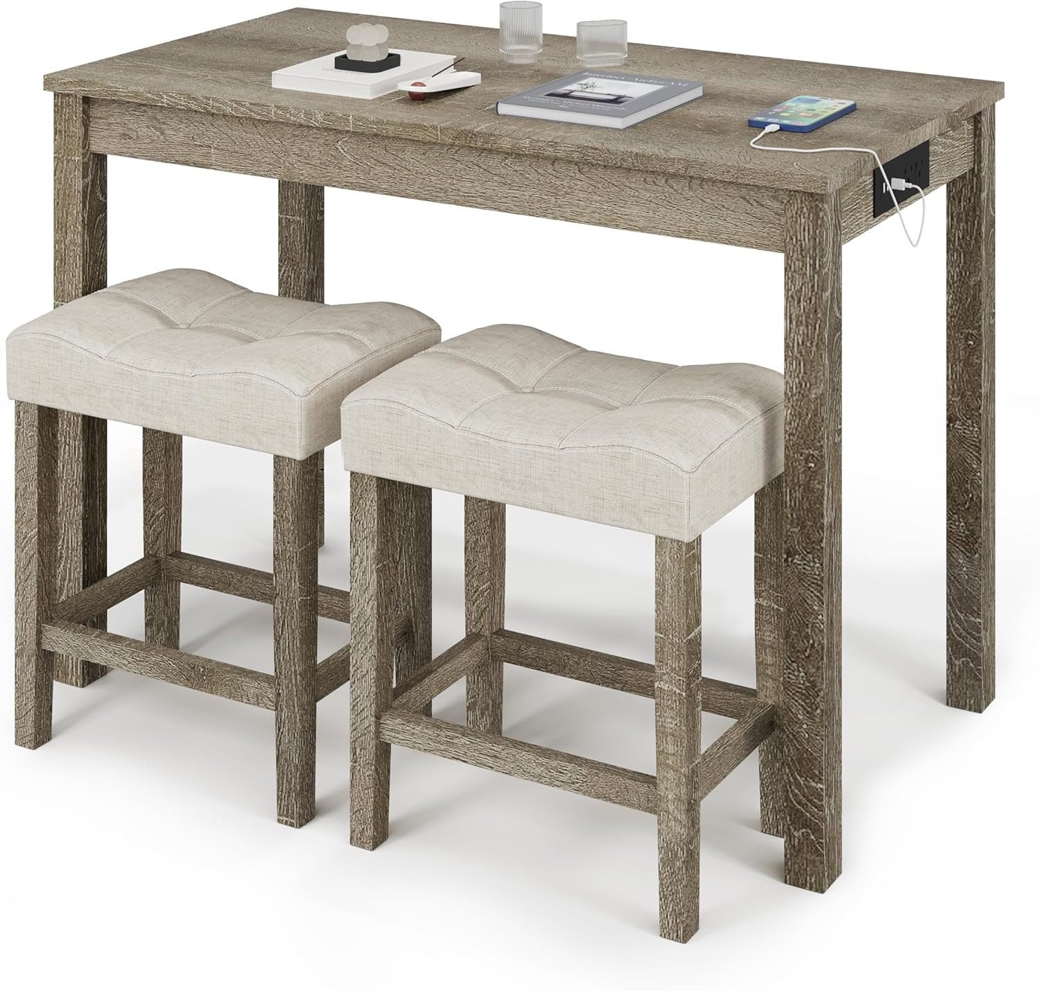 3-Piece Counter Height Bar Table Set with Socket and 2 Fabric Padded Bar Stools,