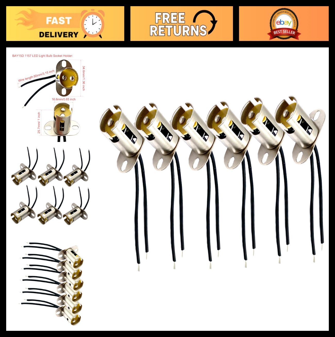 6 Pcs 1157 BAY15D LED Socket Holders, Pre-Wired Two Pole Adapter for Auto Truck