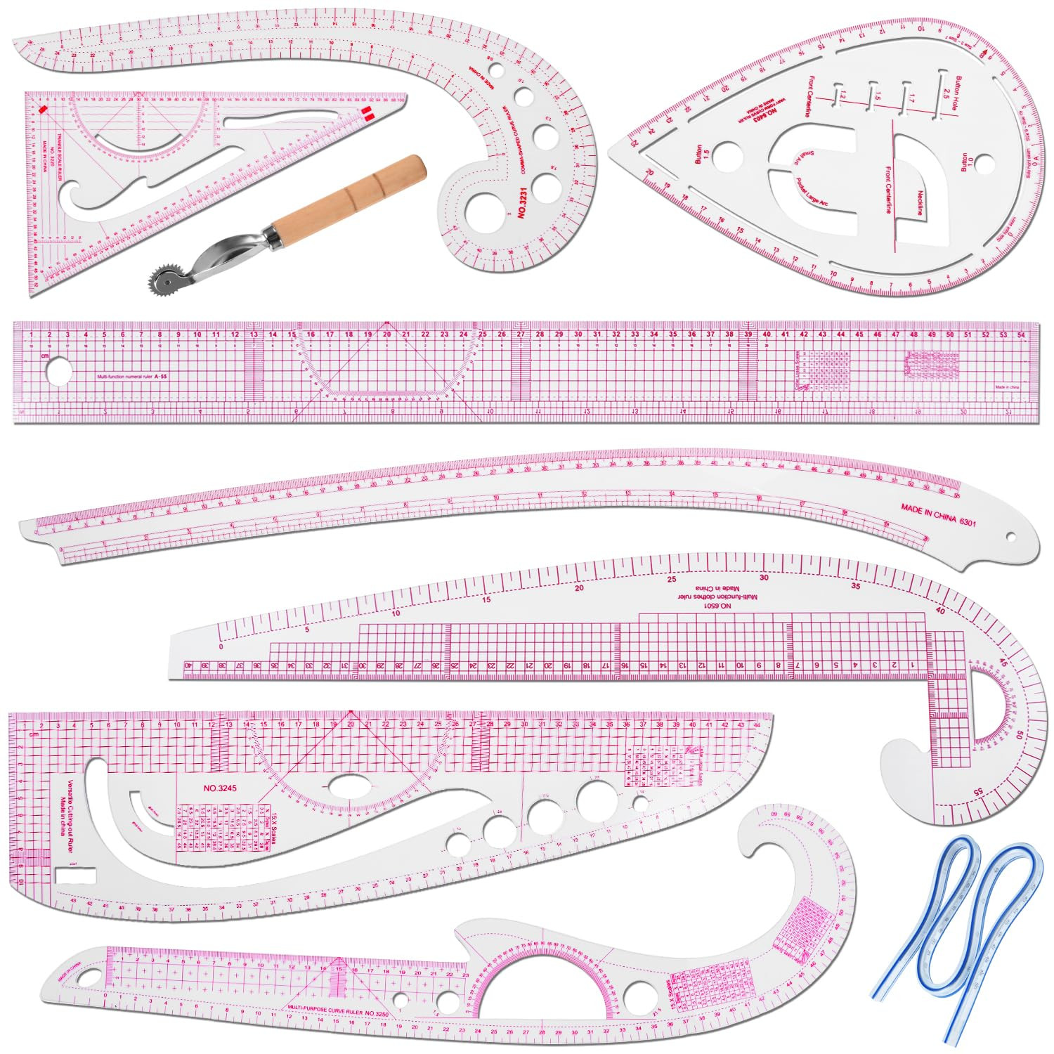 10 Pcs Clear Metric Sewing Ruler Set French Curve Pattern Making Ruler Kit for K