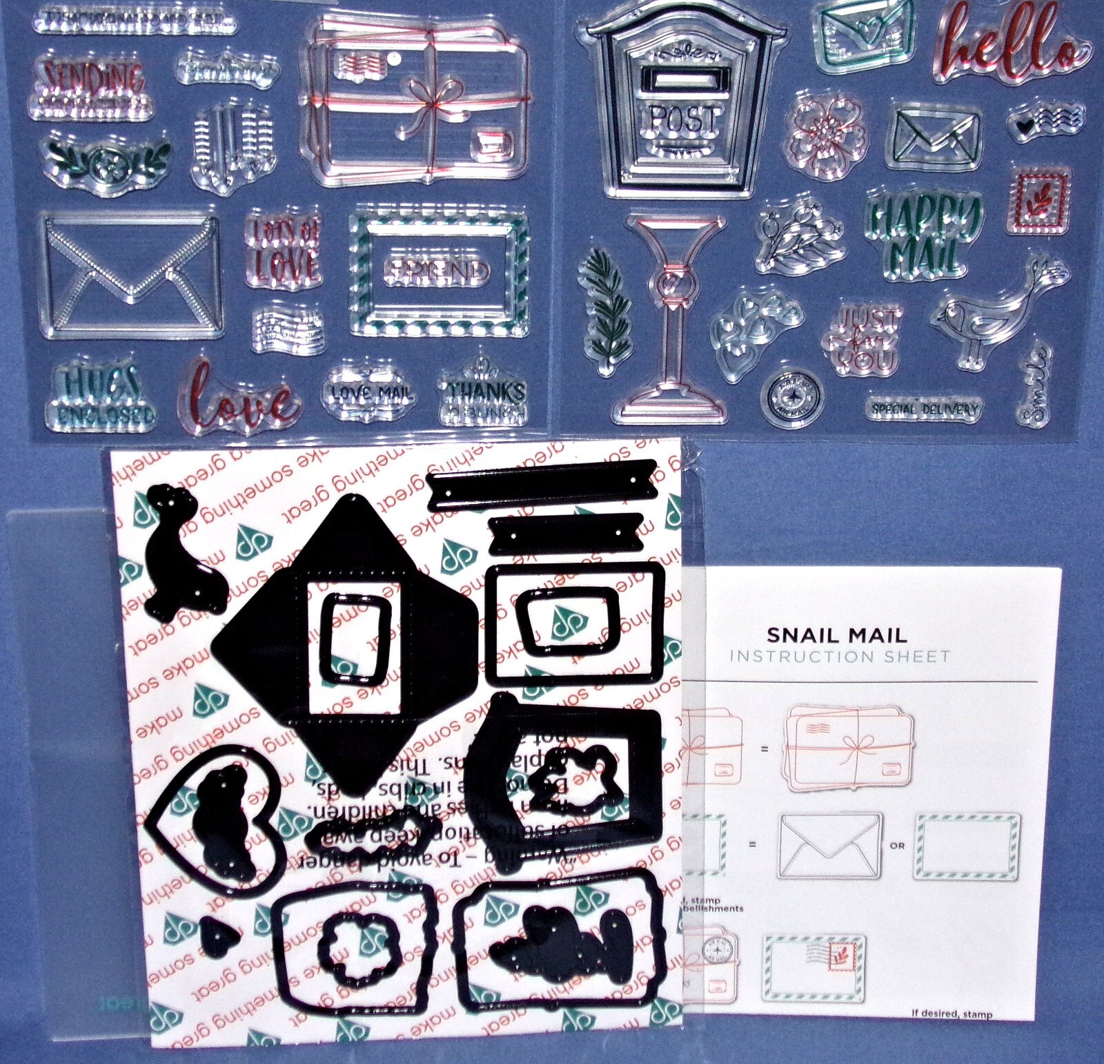 Diamond Press Snail Mail Kit 17 Dies & 32 Stamps Mailbox Bird hello Free Ship