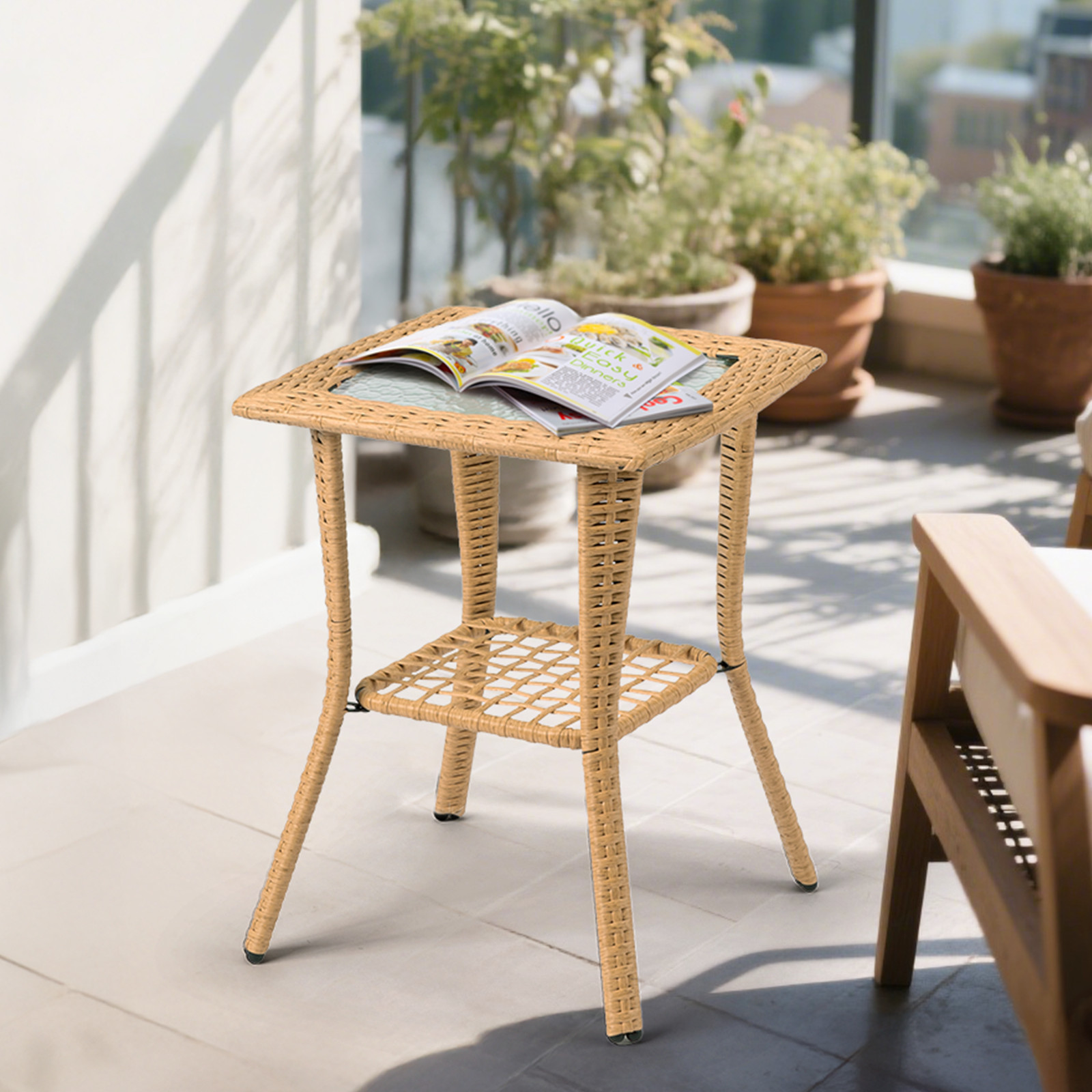 Outdoor Wicker Side Table, Rattan End Table with Glass Top