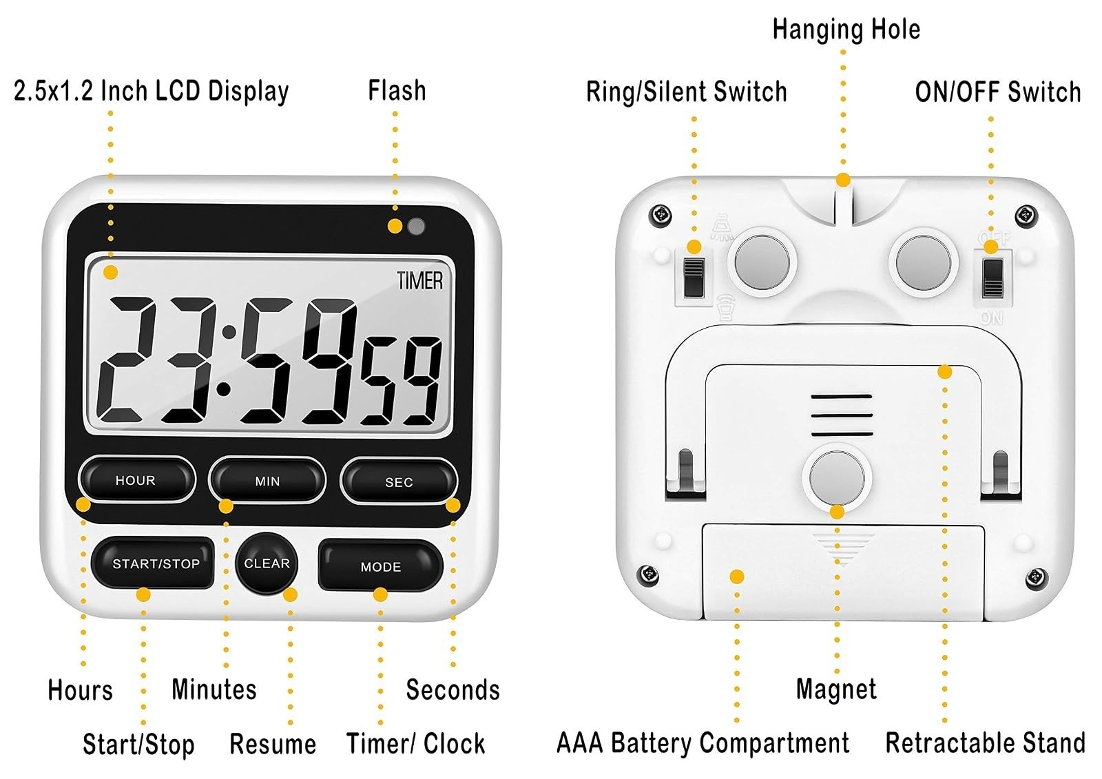 KTKUDY 4-in-1 Digital Kitchen Timer with Alarm & Count Up/Down Function