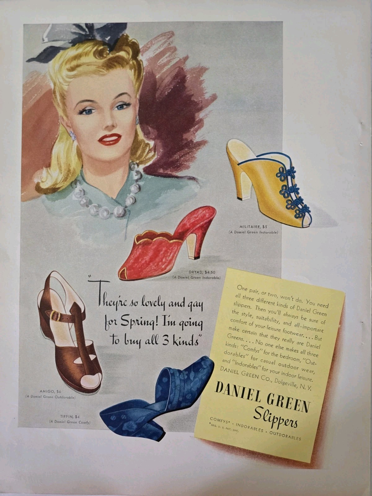 1942 Women's Daniel Green slippers shoes 4 styles  Vintage Fashion Art ad