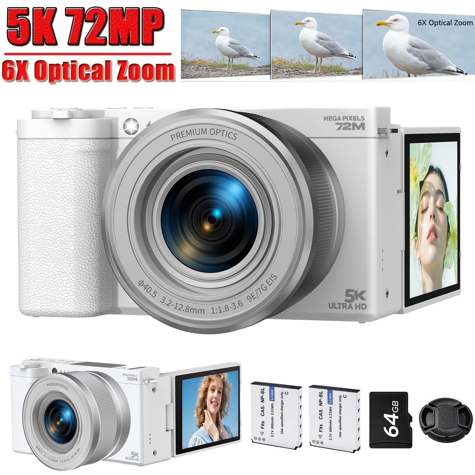 5K 72MP Digital Camera Autofocus Vlogging Camera 6XOptical Zoom 180° Flip Screen