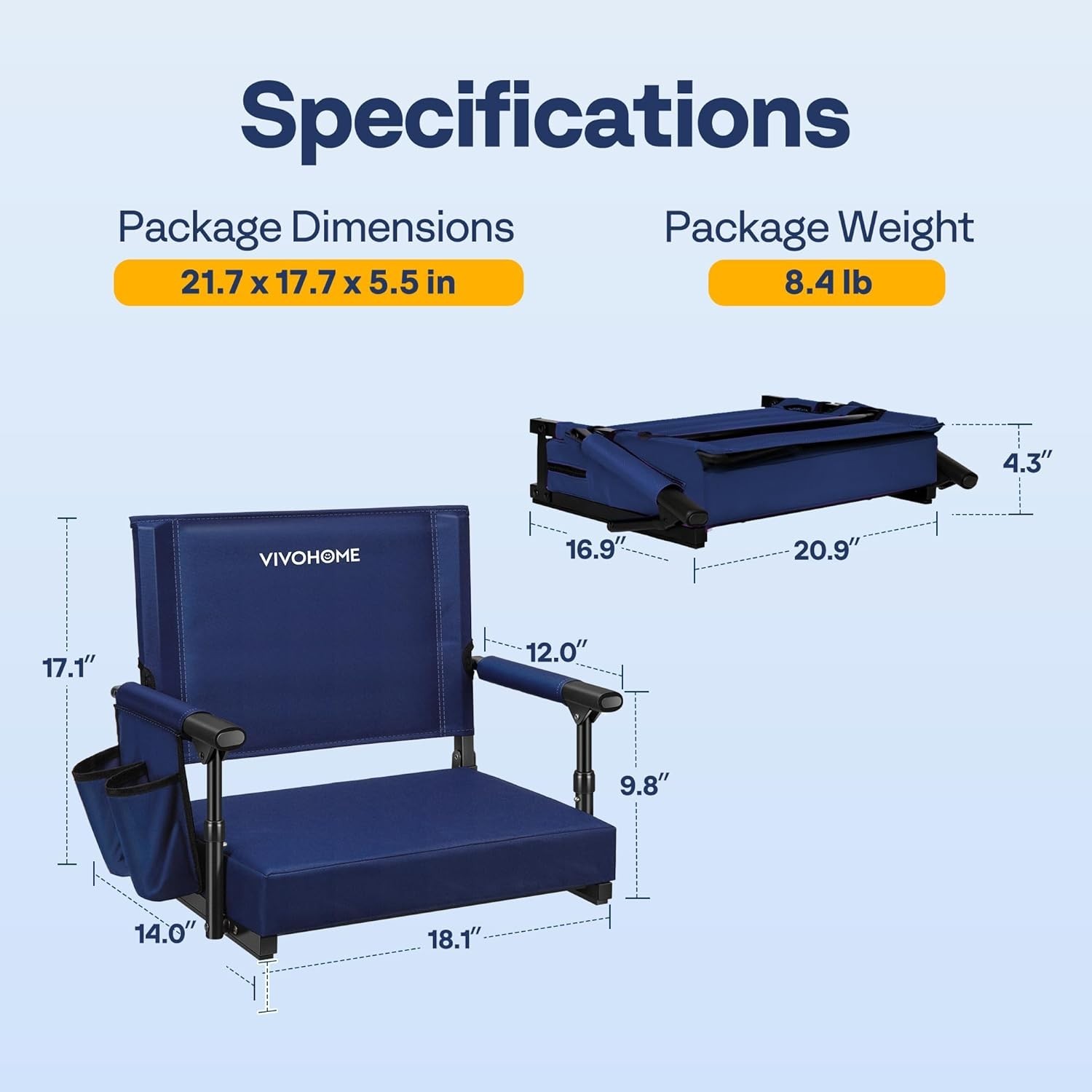 Comfortable Navy Blue Bleacher Chair with Adjustable Shoulder Strap & Cup Holder