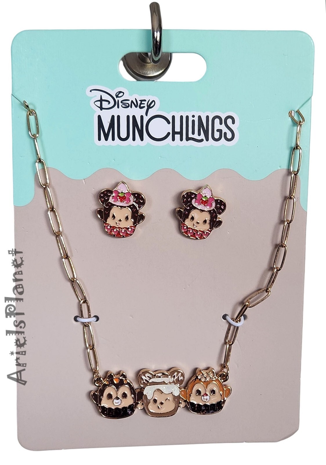 Disney Parks Munchlings Baked Treats Mickey Minnie Chip Necklace & Earrings Set
