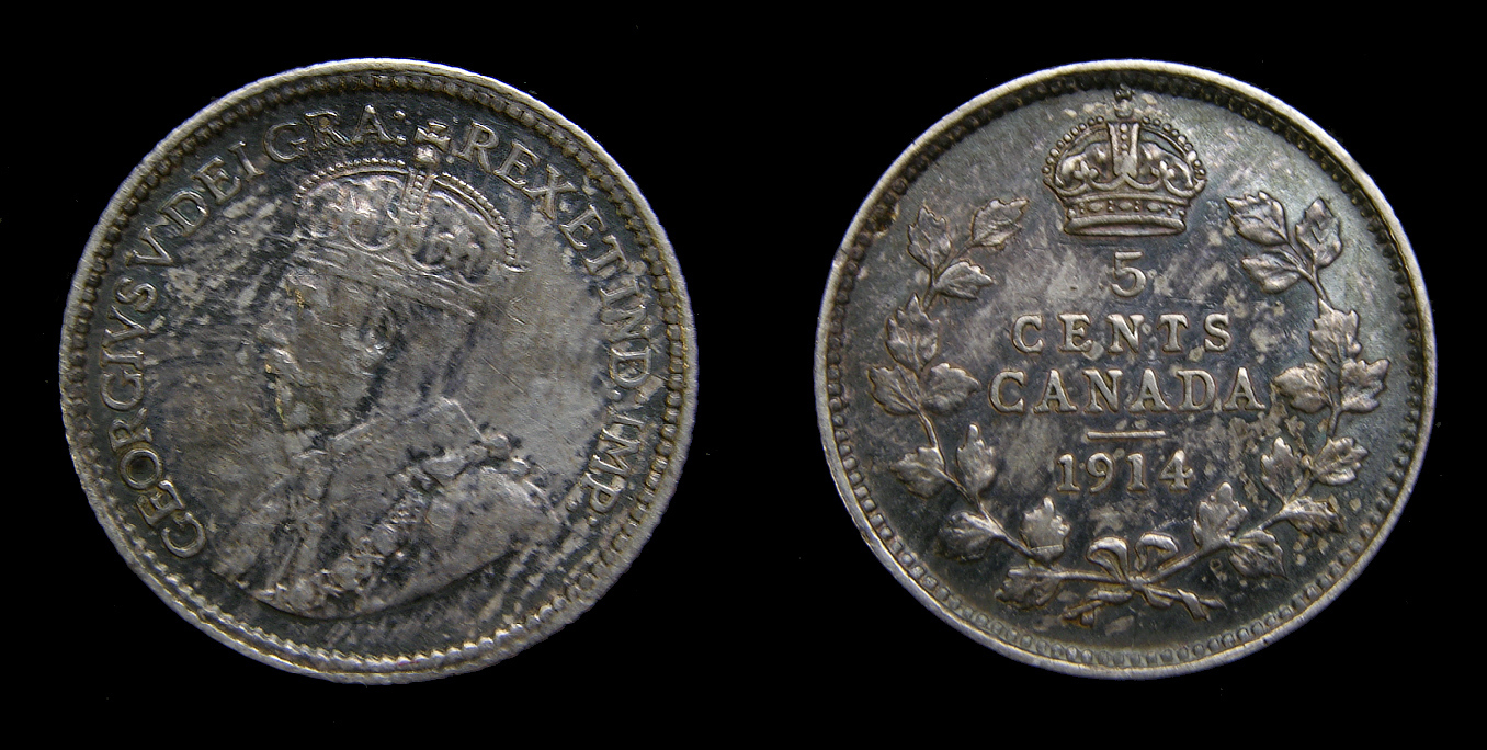 Canada 1914 Silver 5 Five Cents King George V Toned EF-45
