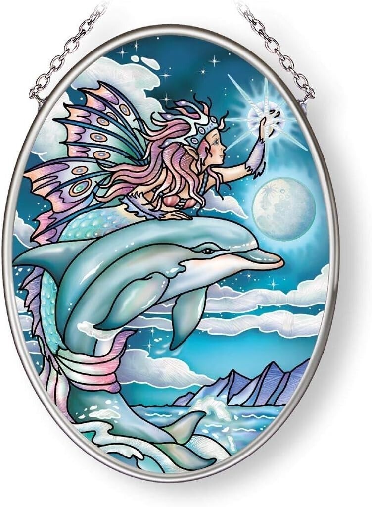 Amia Wish Upon a Dolphin Star, Small Oval Glass Suncatcher,