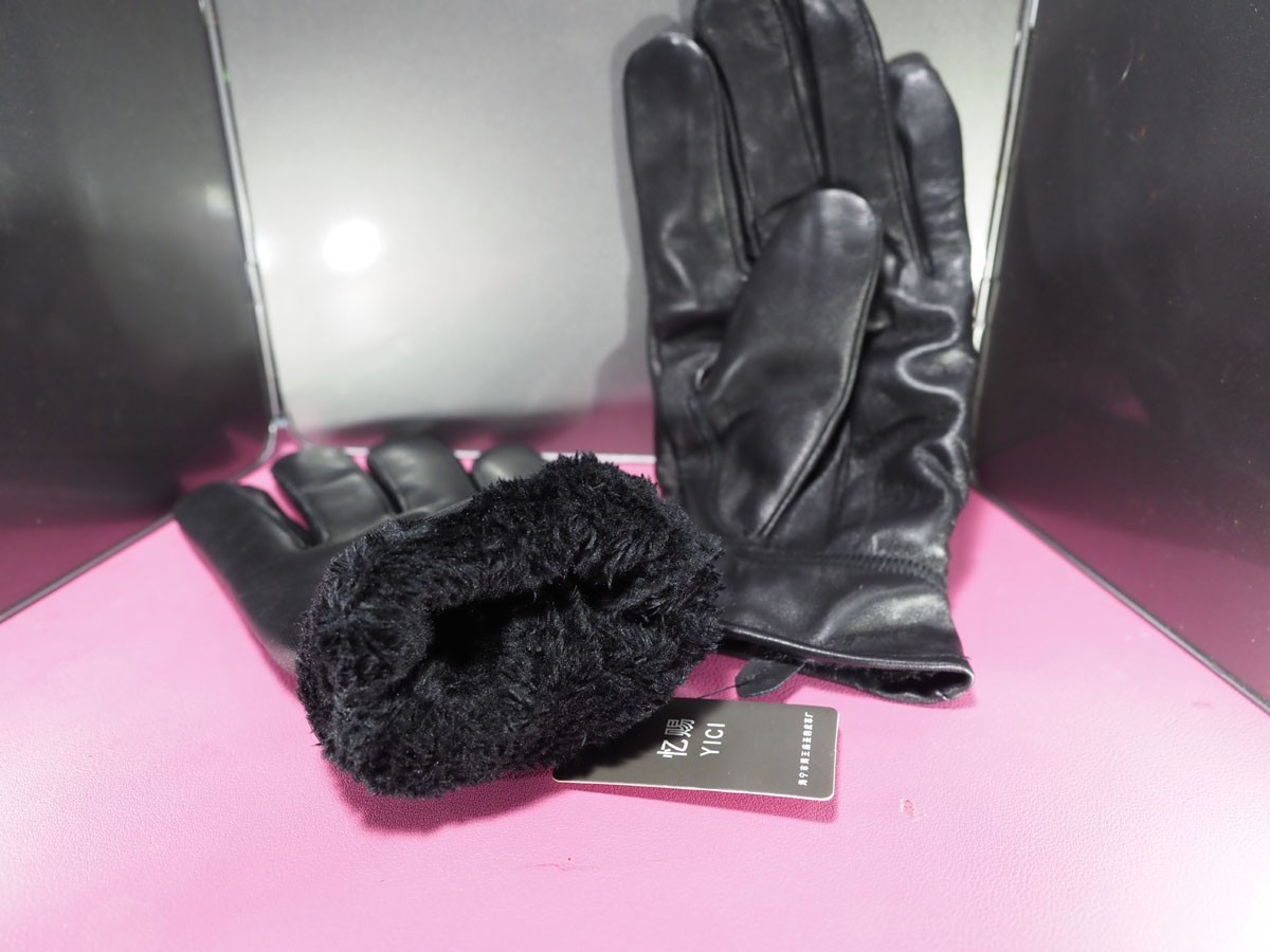 Men leather gloves Black Fine soft sheepskin Soft and warm lining(L)