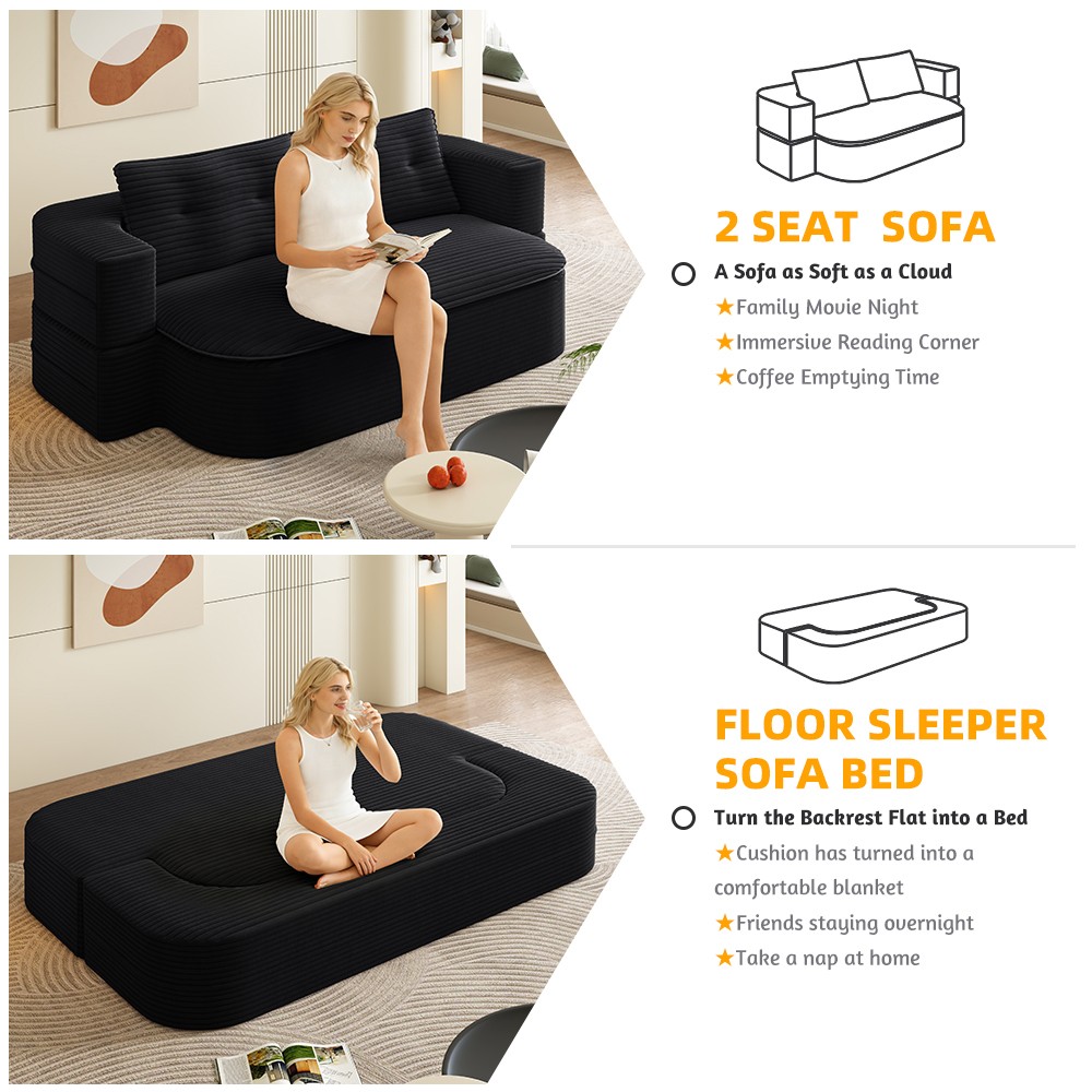Foldable 2-in-1 Sofa Bed Sleeper Couch w/ Pillows & Blanket, Plush Corduroy